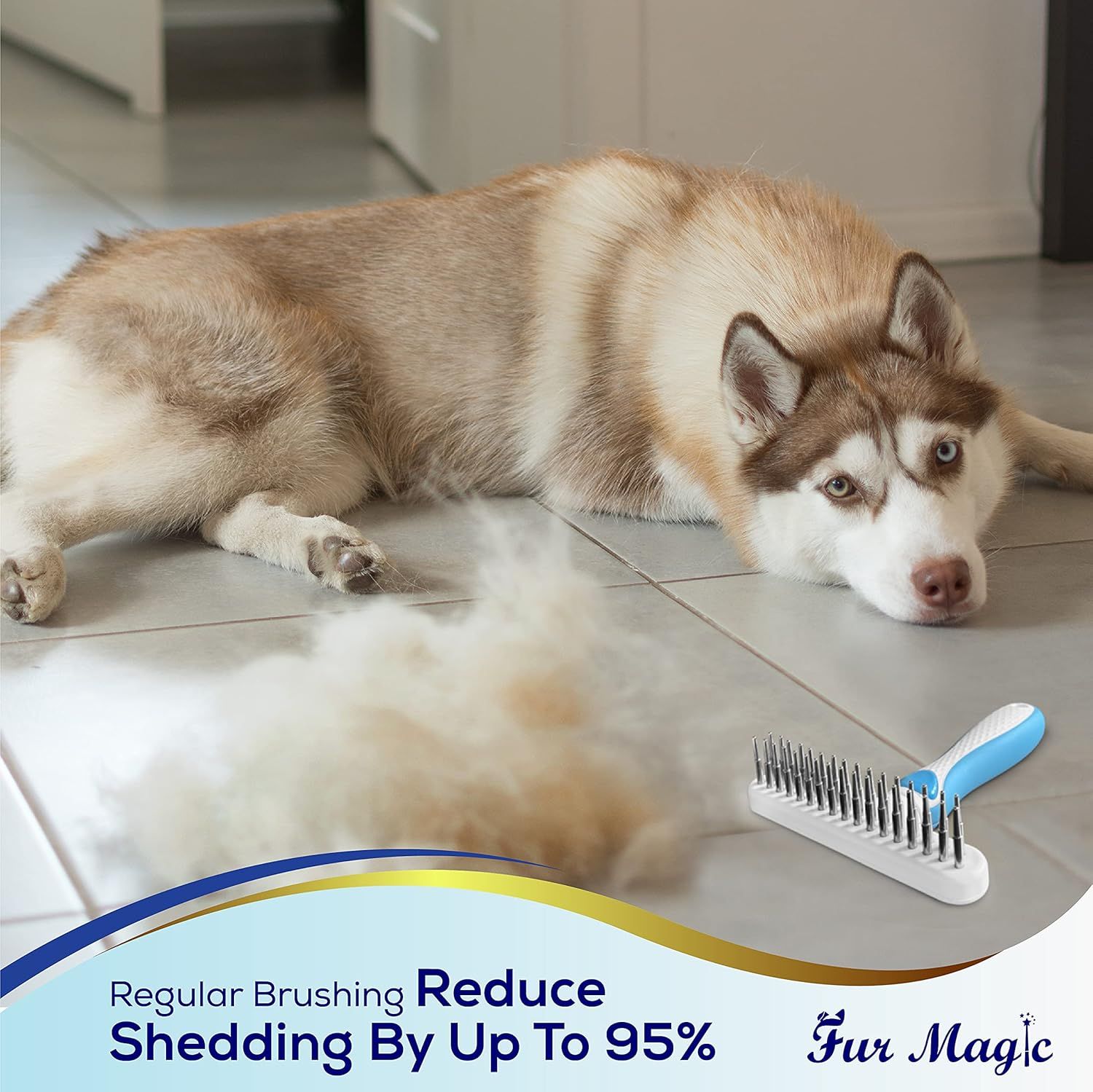 Communicates a quantifiable performance claim that regular brushing with this product reduces pet shedding by up to 95%, reassuring pet owners of its effectiveness. Highlights the primary benefit of…