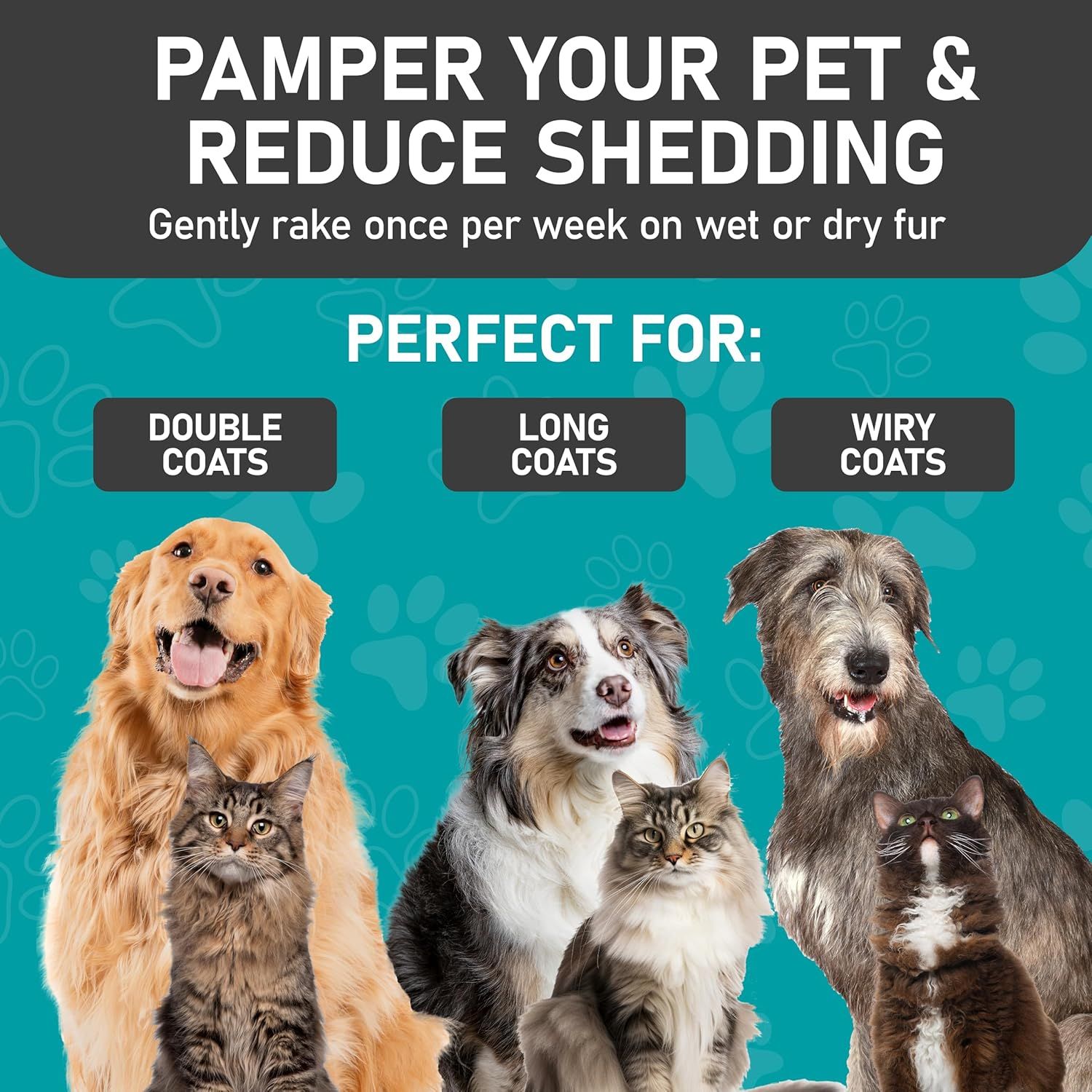 Demonstrates the product's versatility by showing it works for multiple types of pet coats (double, long, and wiry), reassuring shoppers that it's suitable for their specific pet. Communicates the…