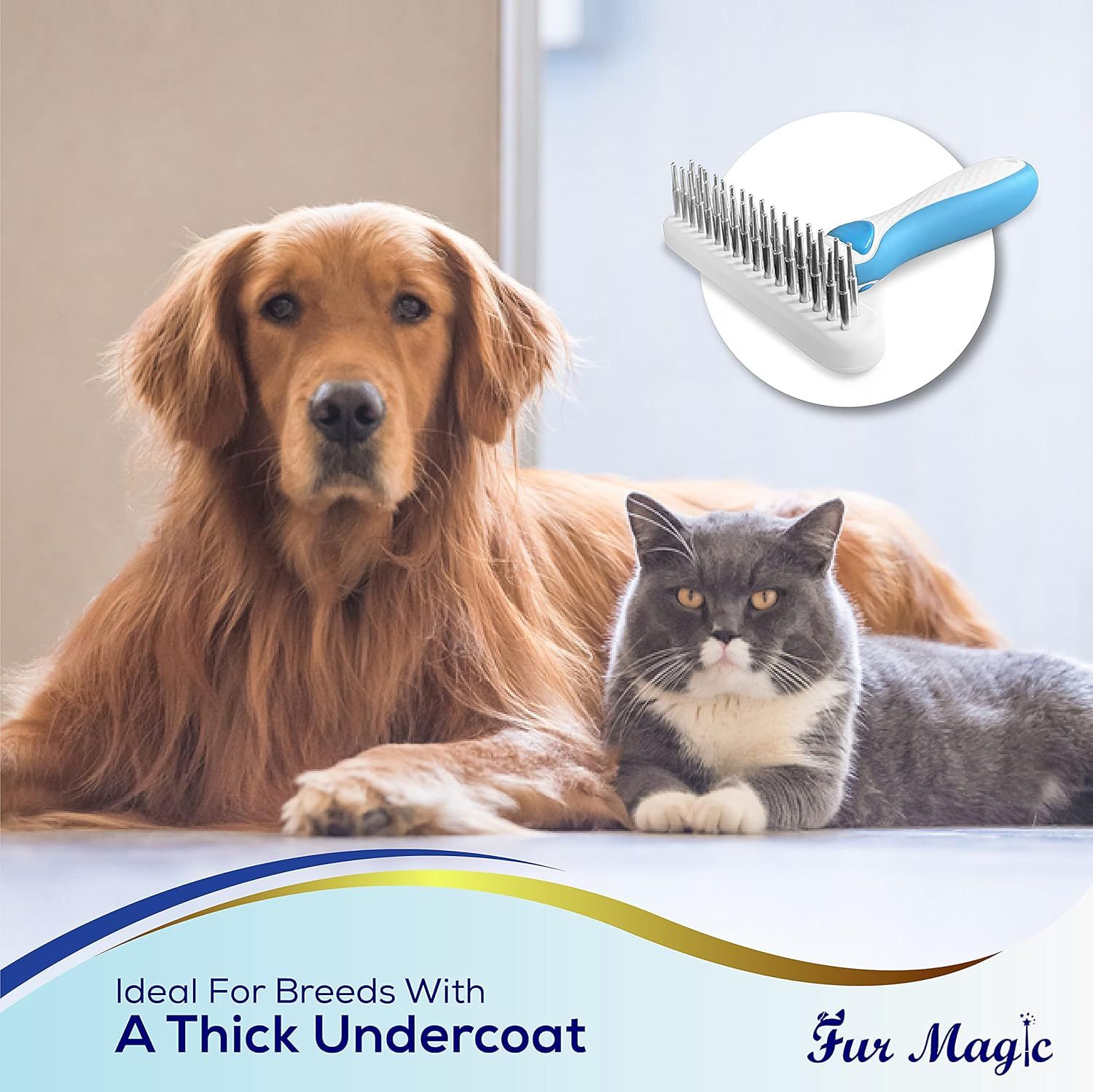 Demonstrates that the grooming brush is versatile and works for both dogs and cats, particularly breeds with thick undercoats, reassuring shoppers of its broad applicability. Highlights the…
