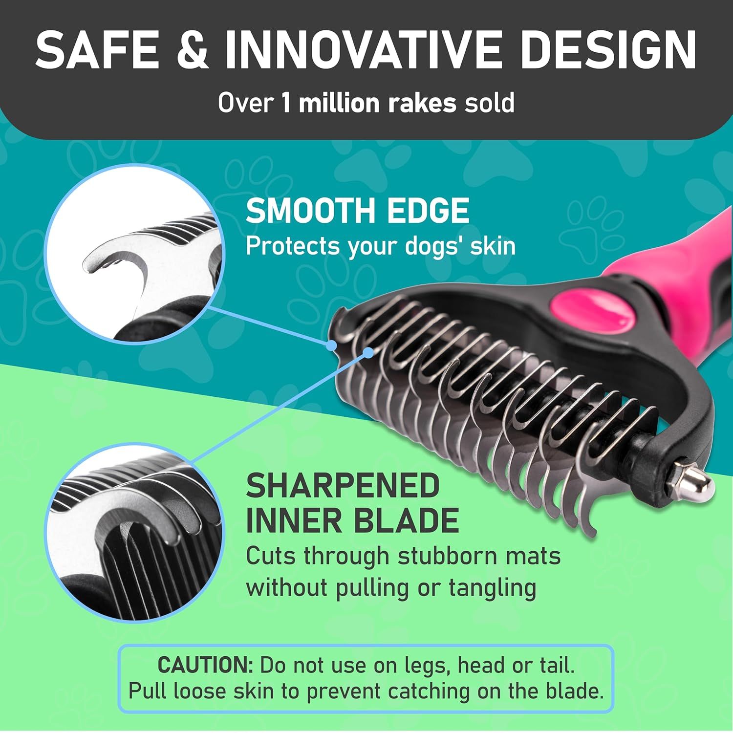 Highlights the physical design features of the rake, showing how the smooth edge protects dogs' skin while the sharpened inner blade cuts through mats effectively. Emphasizes the product's safe and…