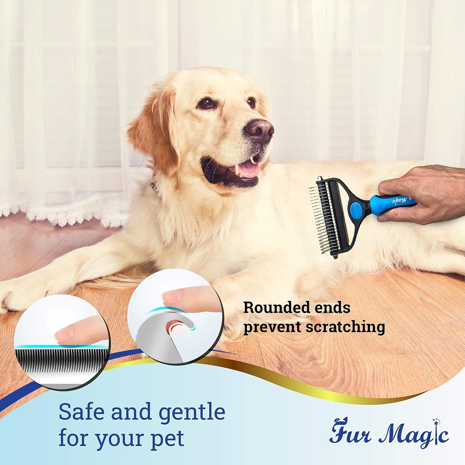 Highlights the rounded ends of the grooming tool to reassure pet owners that the product is safe and gentle, preventing scratching or injury to their pet. Communicates the primary benefit that the…