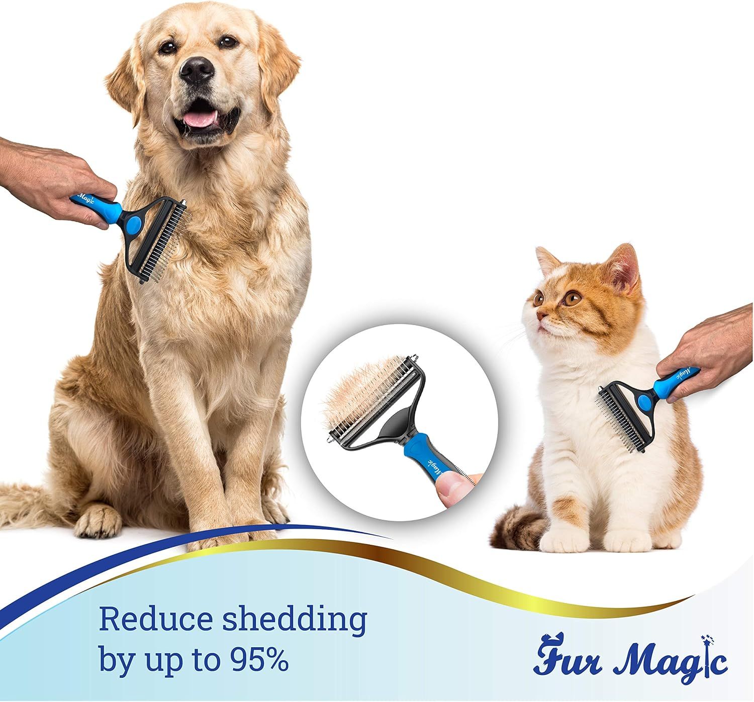 Communicates the product's effectiveness by highlighting a quantifiable performance claim (95% shedding reduction) to reassure pet owners of the grooming tool's superior results. Demonstrates the…
