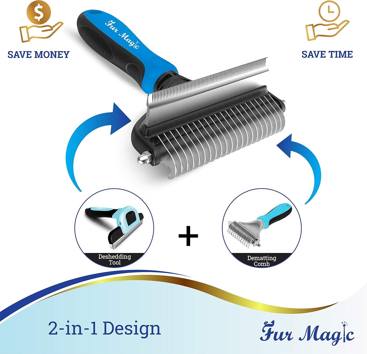 Communicates the product's versatility as a dual-function grooming tool (deshedding + dematting) while emphasizing the cost and time savings benefits to the shopper.