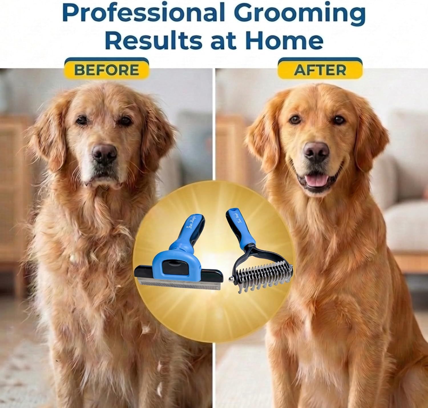 Demonstrates the transformation achieved by using the grooming tools, showing a dog's coat before (unkempt, shaggy) and after (clean, well-groomed) to prove the product's effectiveness at delivering…