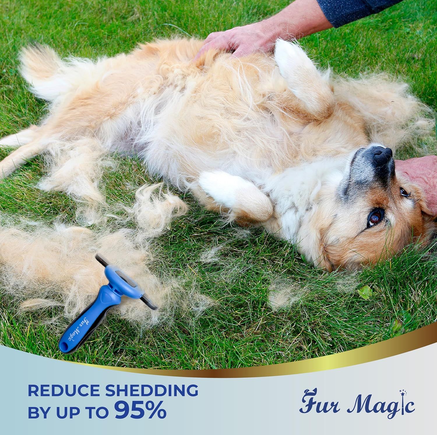 Communicates the product's effectiveness by highlighting a quantifiable performance claim that it reduces pet shedding by up to 95%, reassuring pet owners of significant results. Demonstrates the…