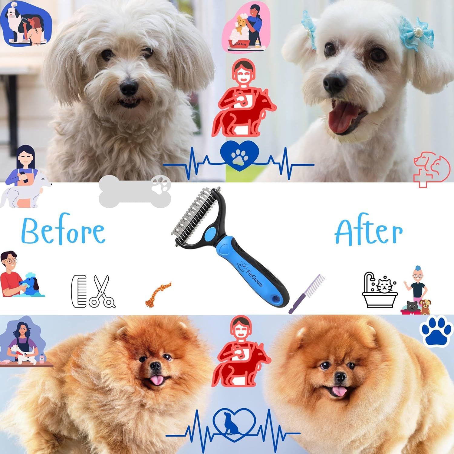 Demonstrates the transformation achieved by using the grooming tool, showing dogs before grooming (with tangled/matted fur) and after grooming (with clean, well-groomed coats) to prove the product's…