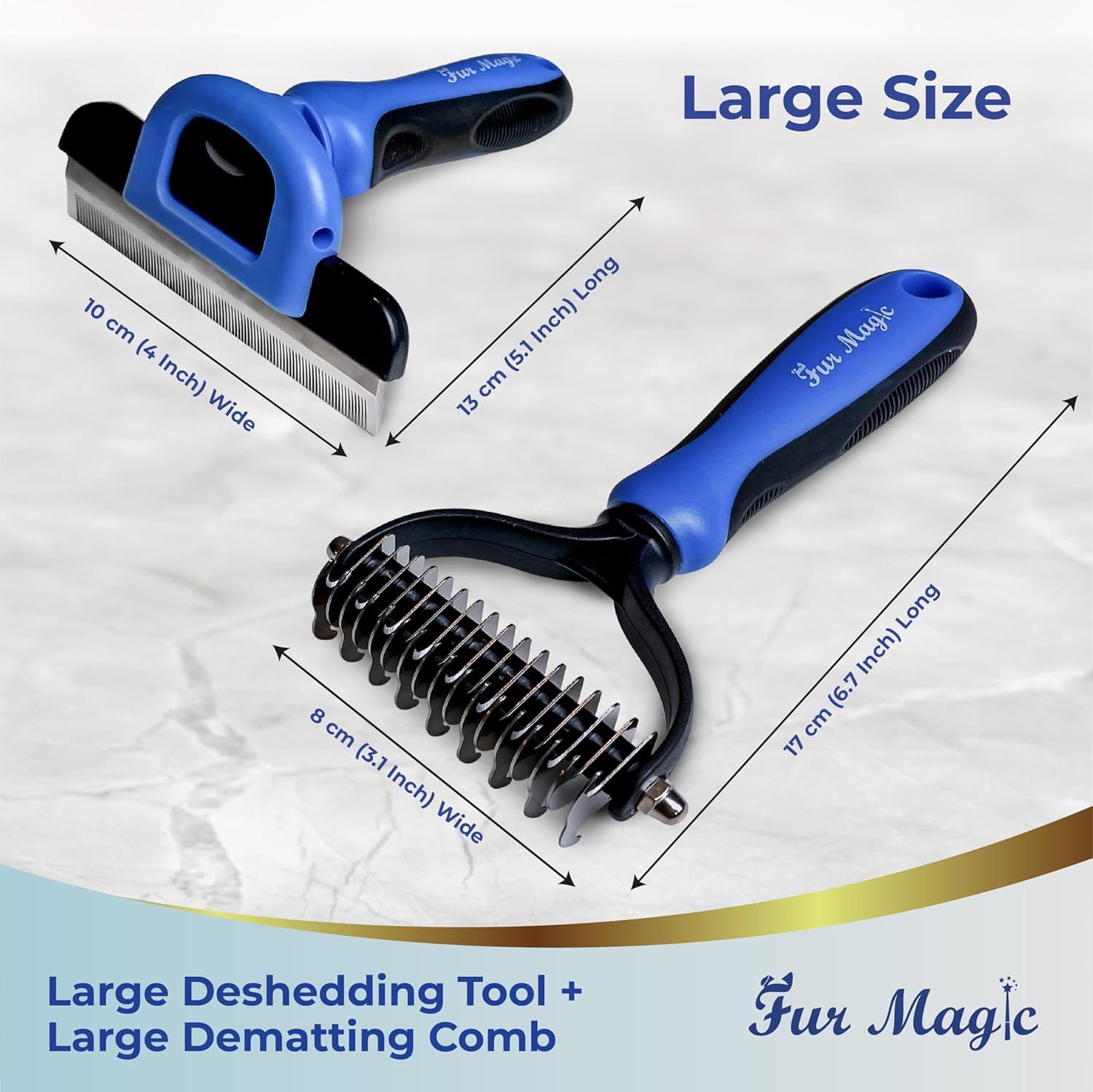 Communicates the exact physical dimensions of the two pet grooming tools to help shoppers understand the size and scale of the products they will receive.