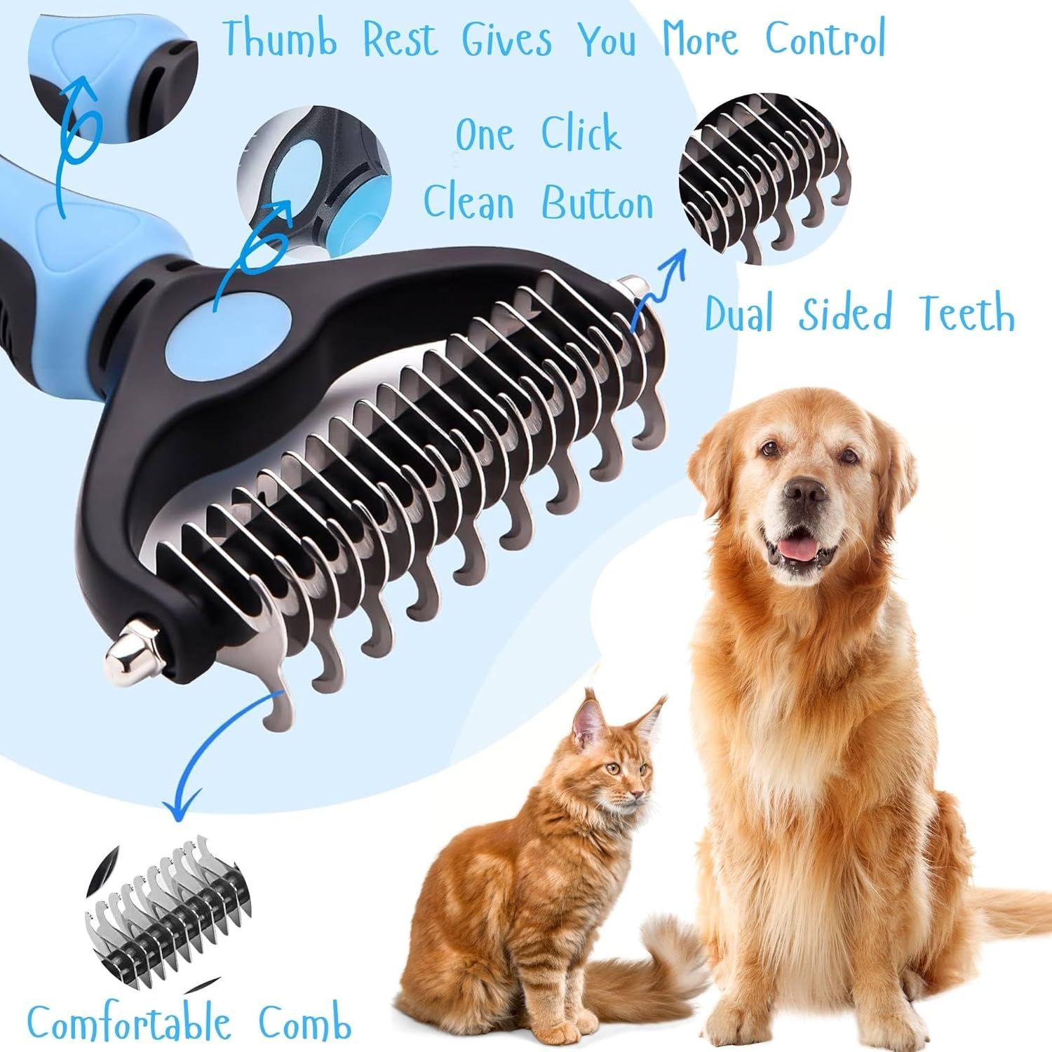 Breaks down the physical components and design features of the pet grooming tool to help shoppers understand its construction and functional parts.