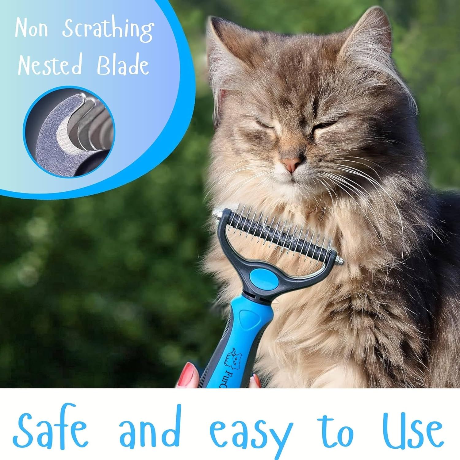 Highlights the product's non-scratching nested blade design and ease of use to reassure pet owners that the grooming tool is safe and gentle for their cats.