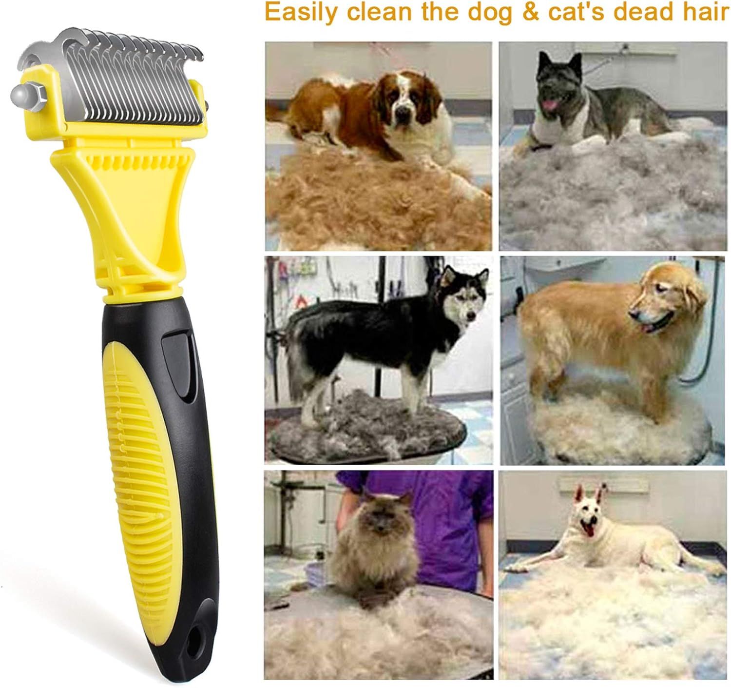 Demonstrates the product's effectiveness at removing pet hair by showing dramatic before-and-after transformations across multiple dogs and cats, reassuring shoppers that the grooming tool delivers…