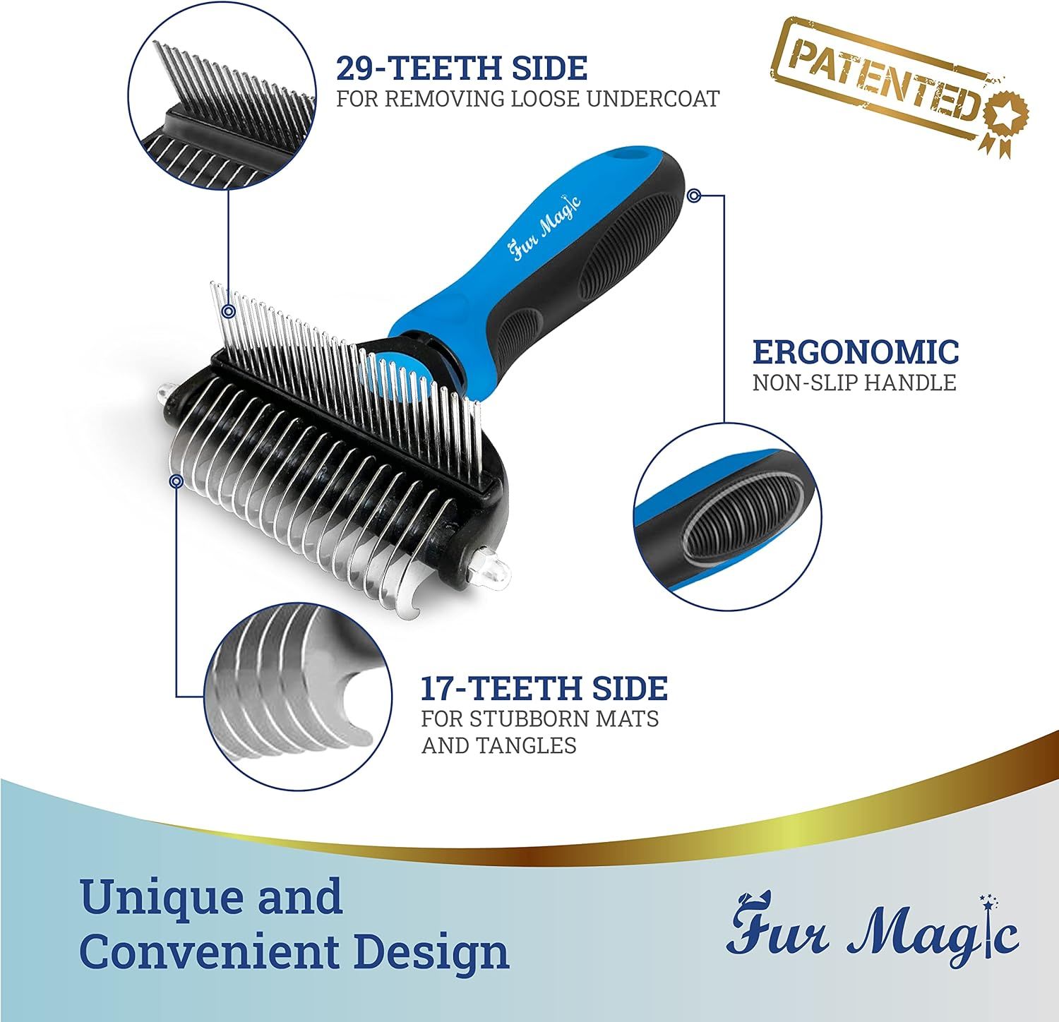 Breaks down the physical components and dual-sided functionality of the grooming tool, showing shoppers exactly which parts serve which grooming purpose and highlighting the ergonomic handle design.