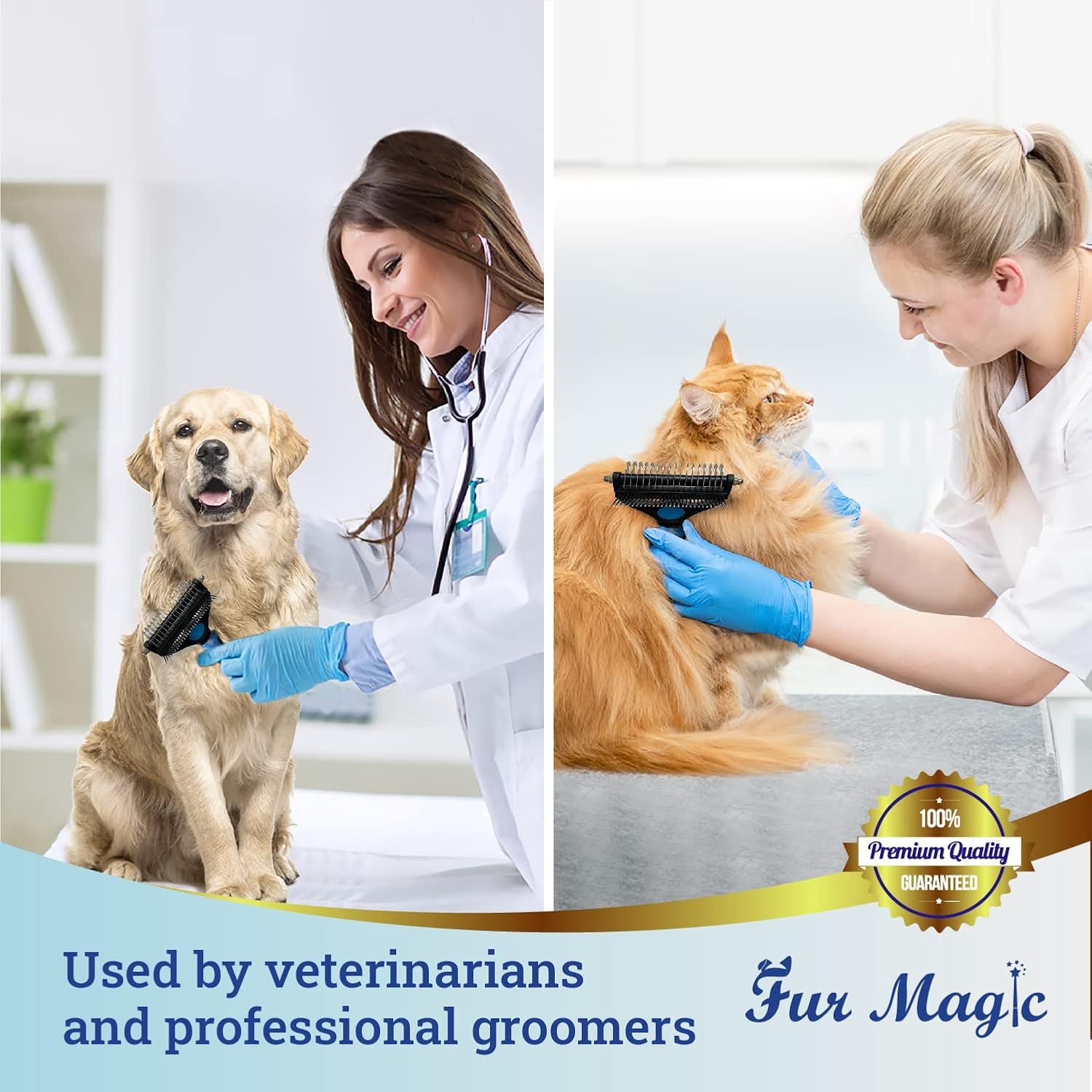 Demonstrates multiple use cases for the pet grooming brush, showing it being used by veterinarians and professional groomers to reassure shoppers of its professional-grade quality and versatility.…