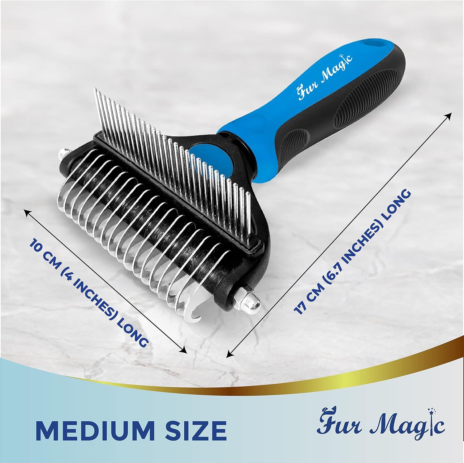 Communicates the exact physical dimensions of the pet grooming tool to help shoppers understand its size and ensure it fits their needs.