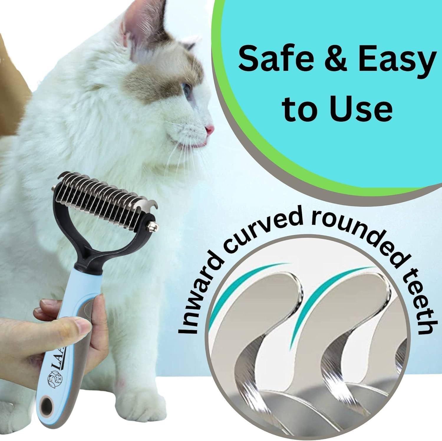 Communicates multiple benefits of the pet grooming tool, emphasizing safety and ease of use alongside the specialized tooth design to reassure pet owners.