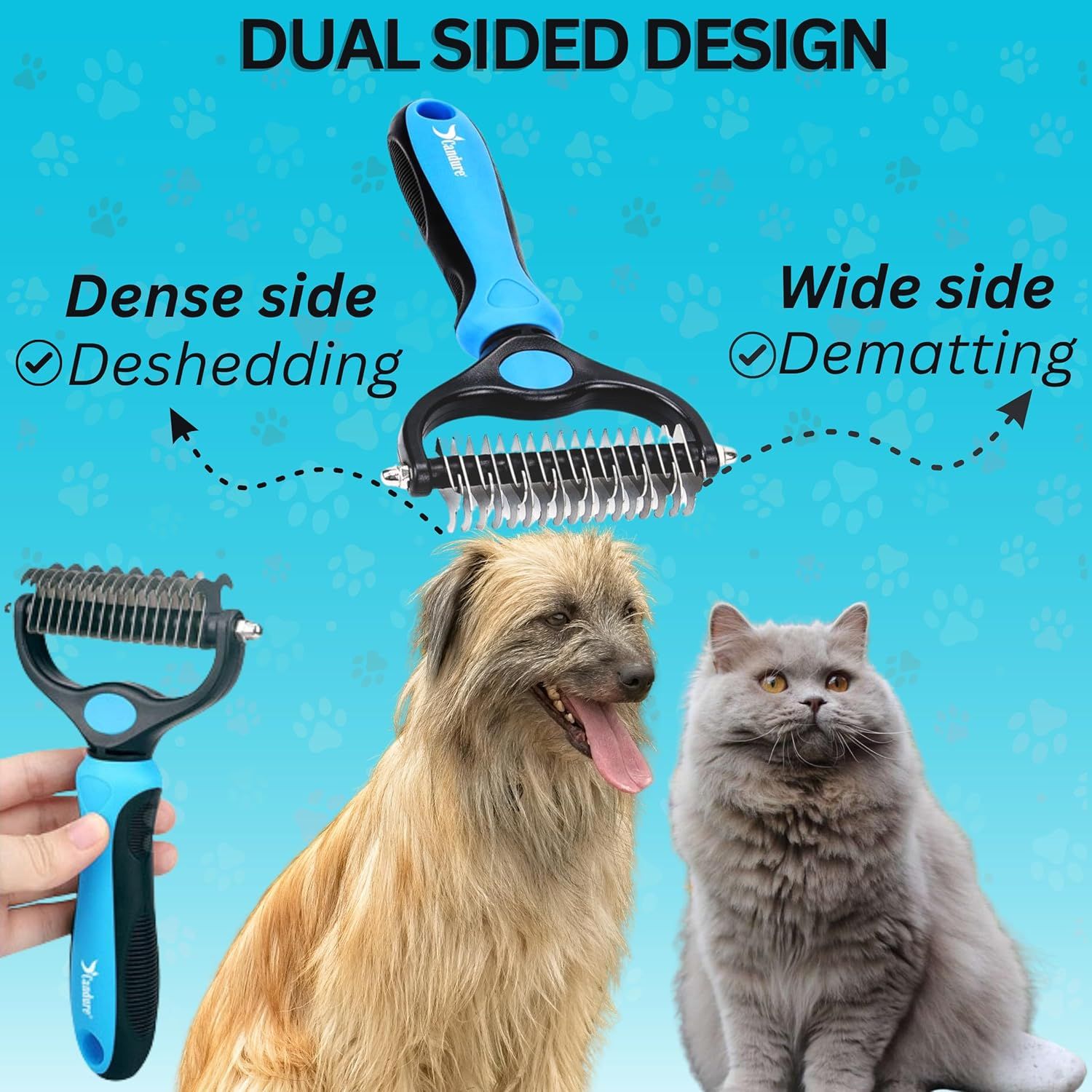 Highlights the physical structure and dual-sided functionality of the grooming tool, showing shoppers which side to use for deshedding versus dematting their pets. Communicates the two distinct…