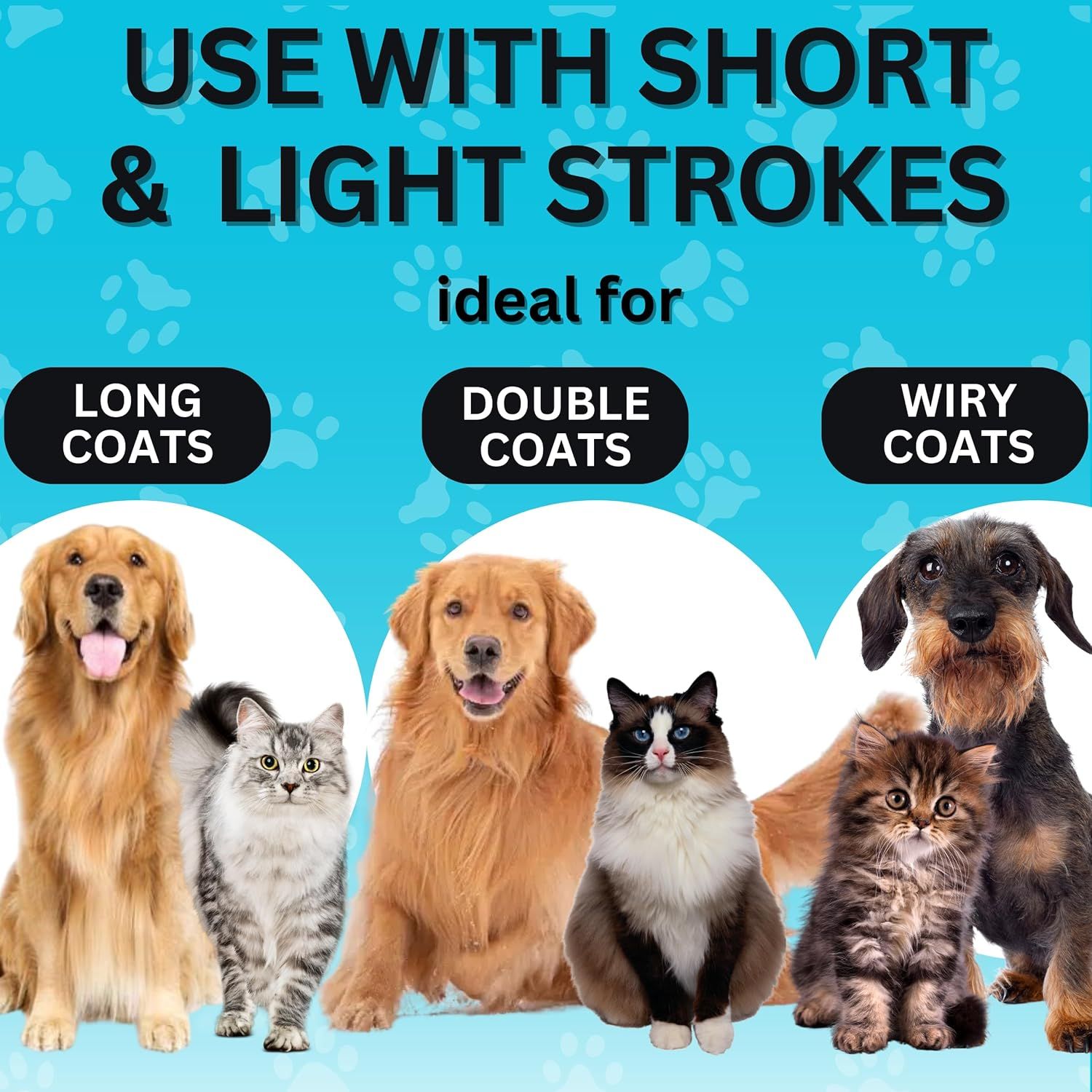 Demonstrates the product's versatility by showing it is suitable for multiple types of pet coats (long, double, and wiry), reassuring shoppers that it works across different grooming needs.…