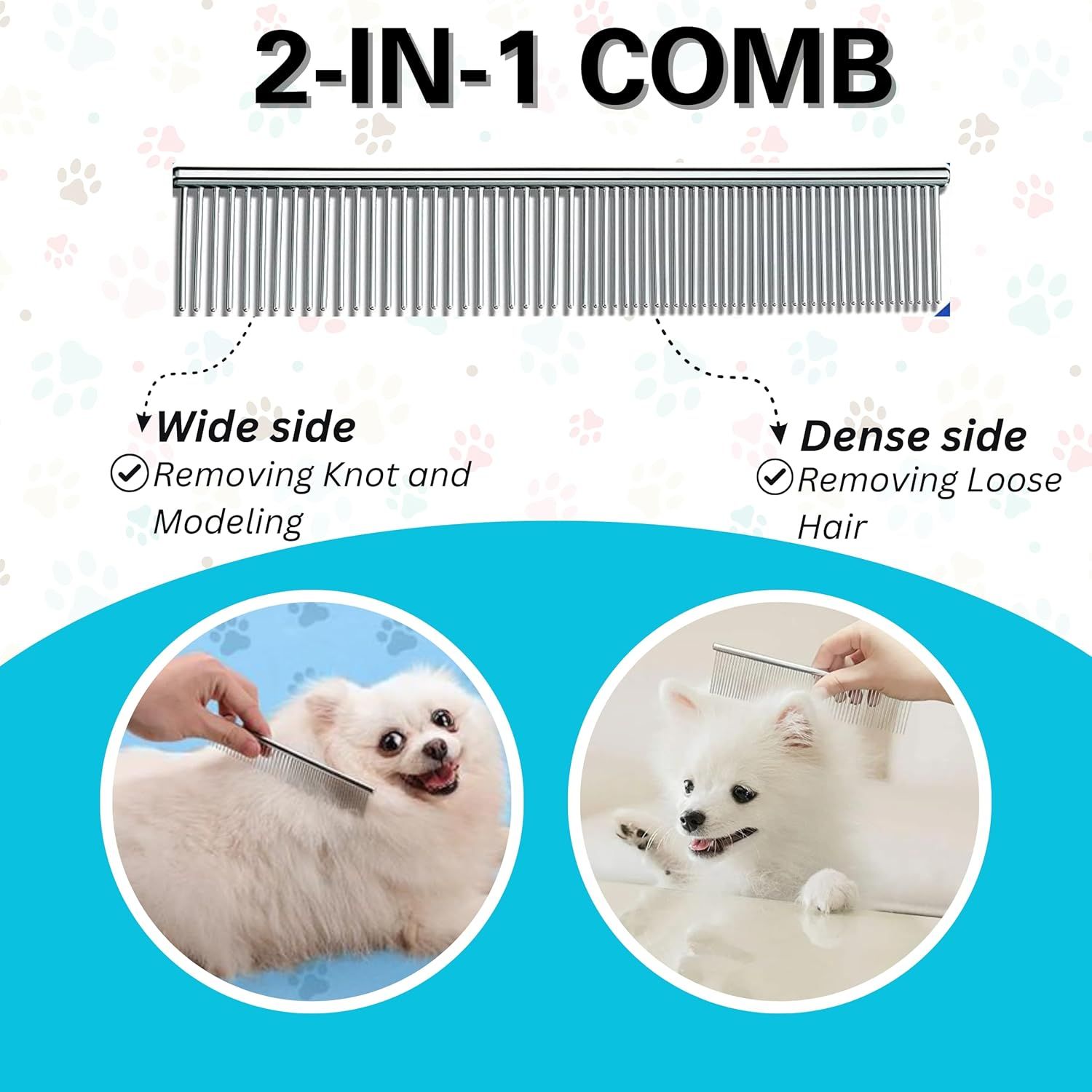 Explains the dual-sided design of the comb, showing which side to use for detangling/styling versus removing loose hair, helping pet owners understand how to use each side effectively.