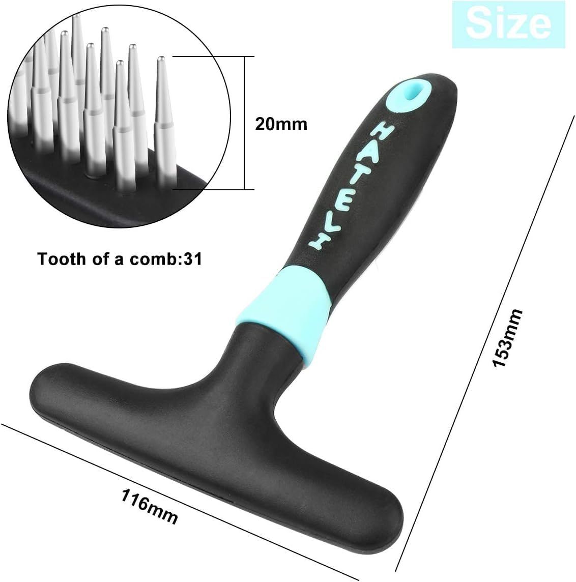 Communicates the exact physical dimensions of the product (153mm x 116mm) and the tooth length (20mm, 31 teeth) to help shoppers understand the size and scale of the grooming tool. Highlights the…