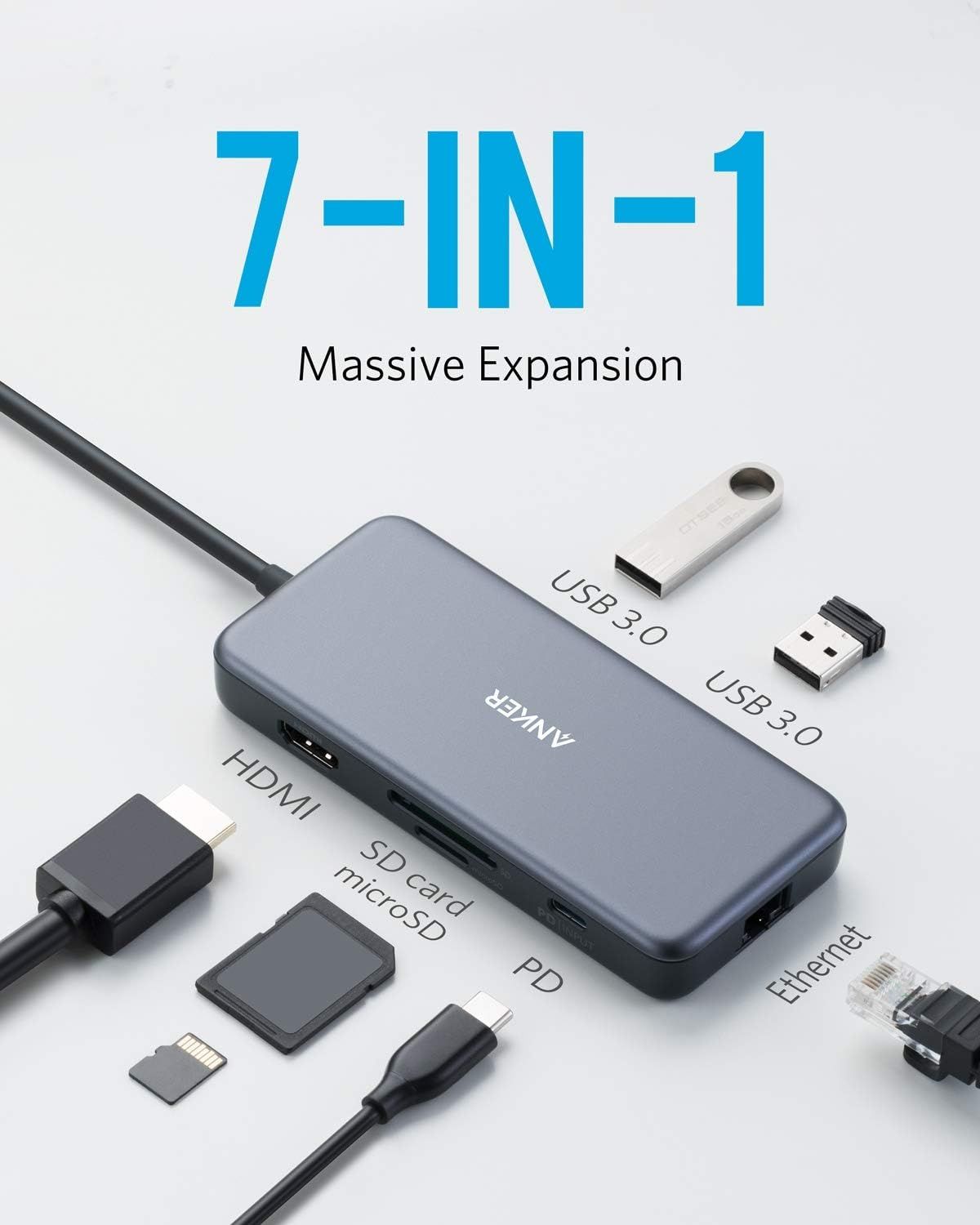 Demonstrates the hub's versatility by showing all seven connection types it supports (HDMI, USB 3.0, SD/microSD, PD, Ethernet), reassuring shoppers that one device handles multiple connectivity…