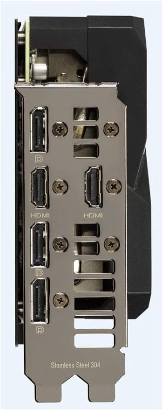 Shows the physical layout and components of the graphics card's I/O panel, highlighting the various ports (DisplayPort, HDMI) and construction material to help shoppers understand connectivity…