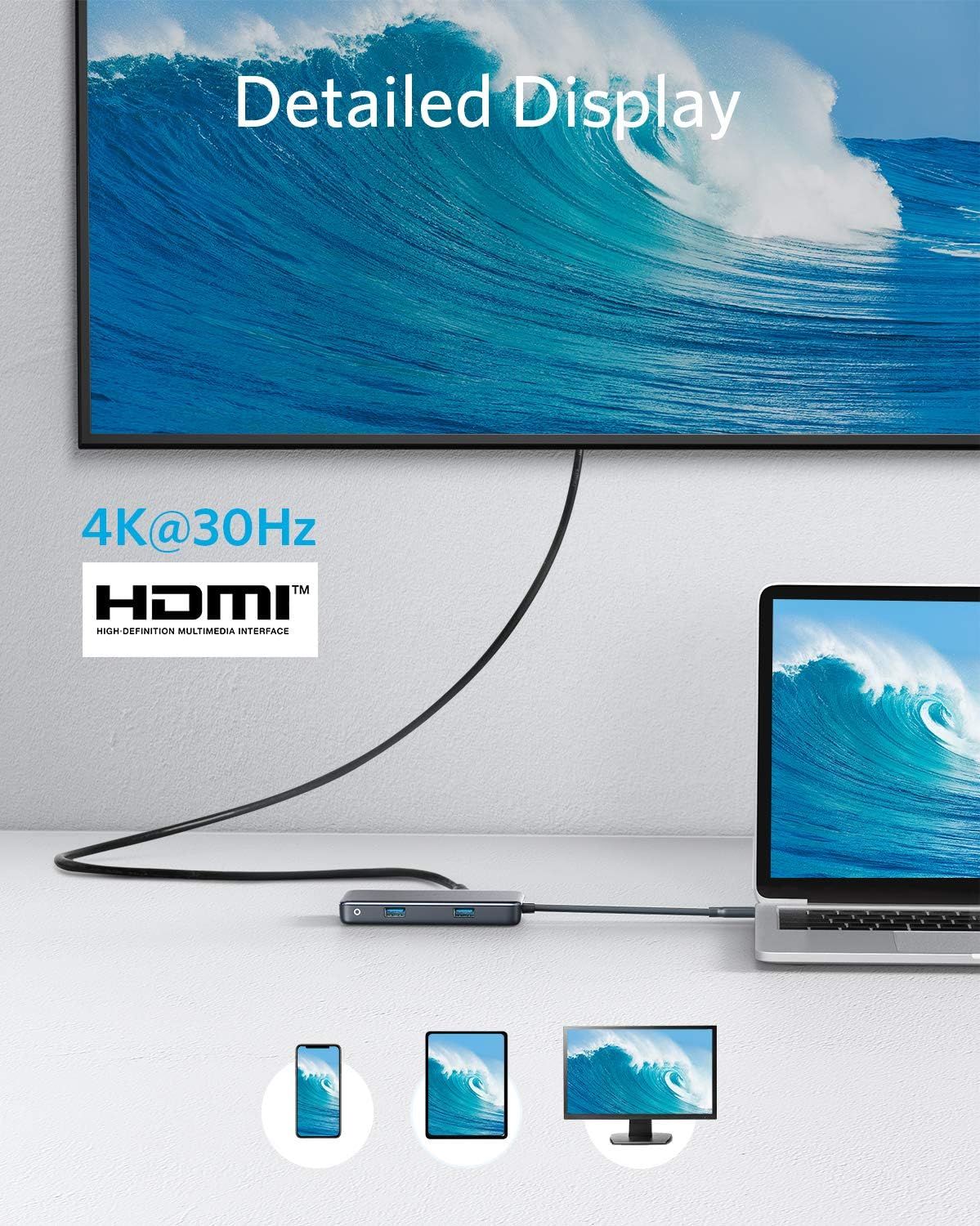 Communicates the high-definition display capability (4K at 30Hz) and HDMI connectivity to reassure shoppers of superior video quality and compatibility with multiple devices. Highlights the…