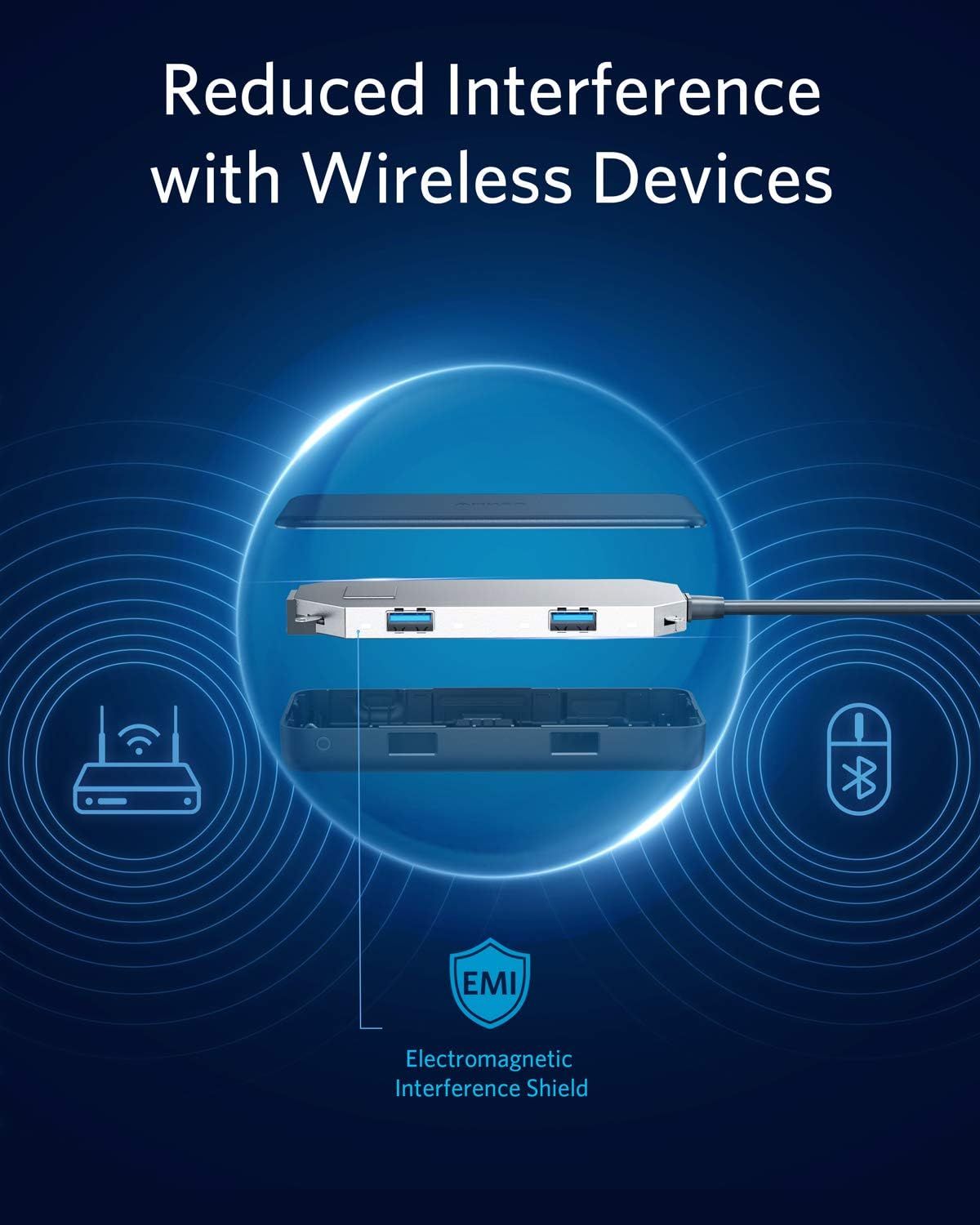 Communicates that the product features electromagnetic interference shielding to reduce interference with wireless devices like routers and Bluetooth, reassuring shoppers of reliable connectivity.