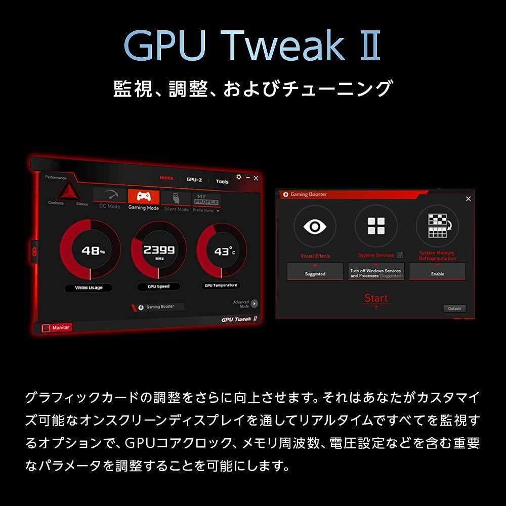 Demonstrates the GPU Tweak II software interface that allows users to monitor and adjust graphics card performance in real-time, reassuring shoppers of advanced customization and control capabilities.