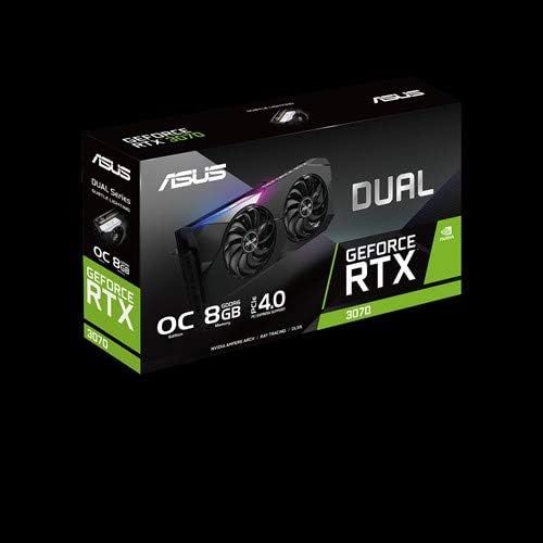 Displays the product packaging to show shoppers what they will receive and communicate key product specifications like DUAL, OC 8GB, and GeForce RTX branding.