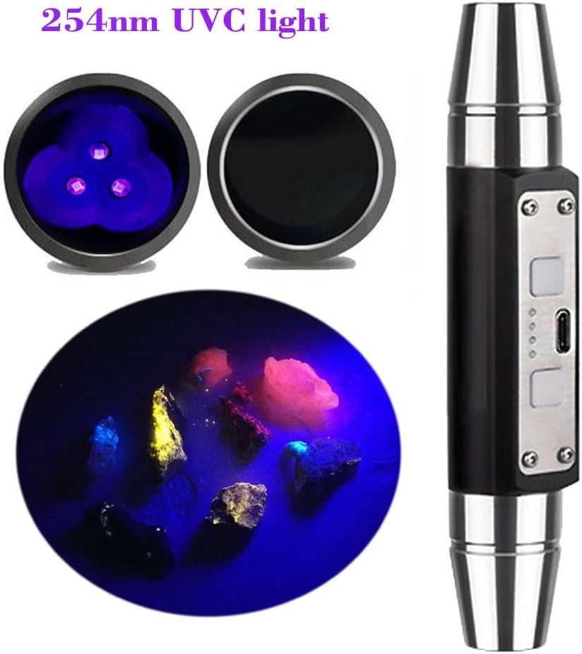 Demonstrates multiple aspects of the UVC light product including the technical specification (254mm wavelength), the LED bulb configuration, a real-world application showing fluorescent mineral…