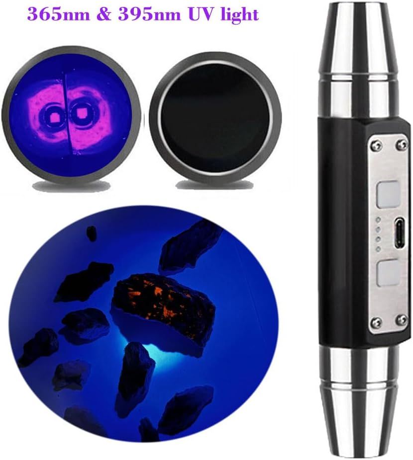 Demonstrates the UV flashlight's dual-wavelength capability and its effectiveness in detecting hidden substances or materials through multiple visual examples, reassuring shoppers of its versatility…