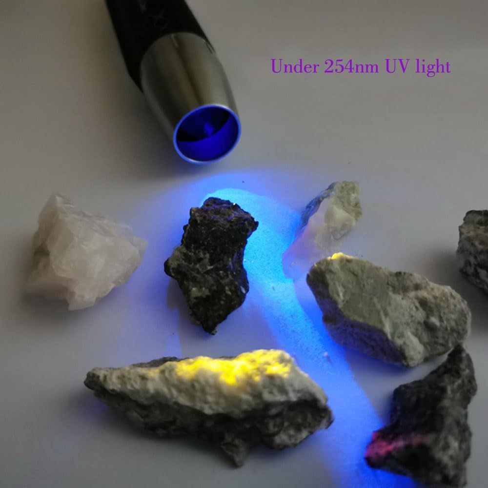 Demonstrates the UV flashlight's ability to reveal fluorescent properties in minerals and rocks, showing its practical application for geology, mineral collecting, or authentication purposes.