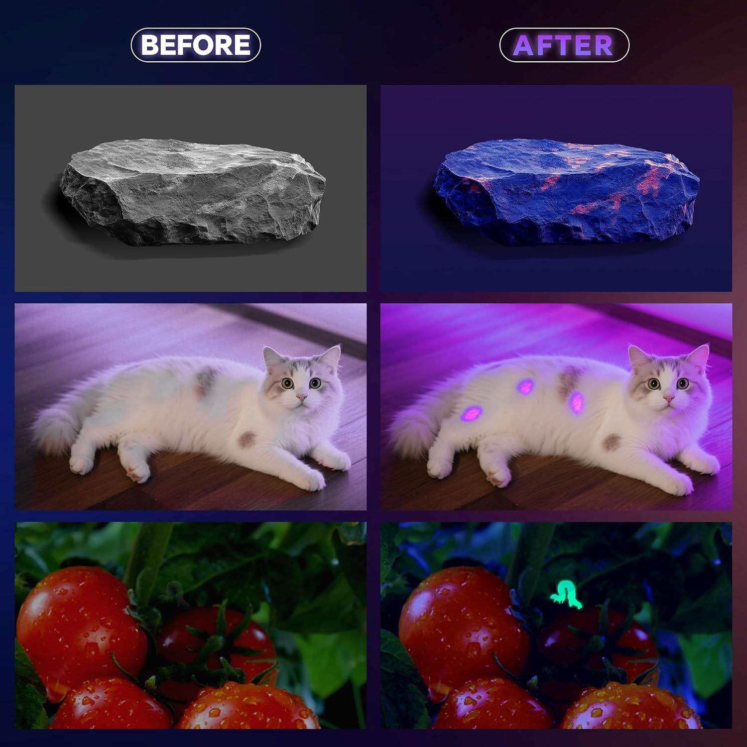 Demonstrates the product's ability to reveal hidden details or substances under UV/blacklight that are invisible to the naked eye, proving its effectiveness for detection applications.