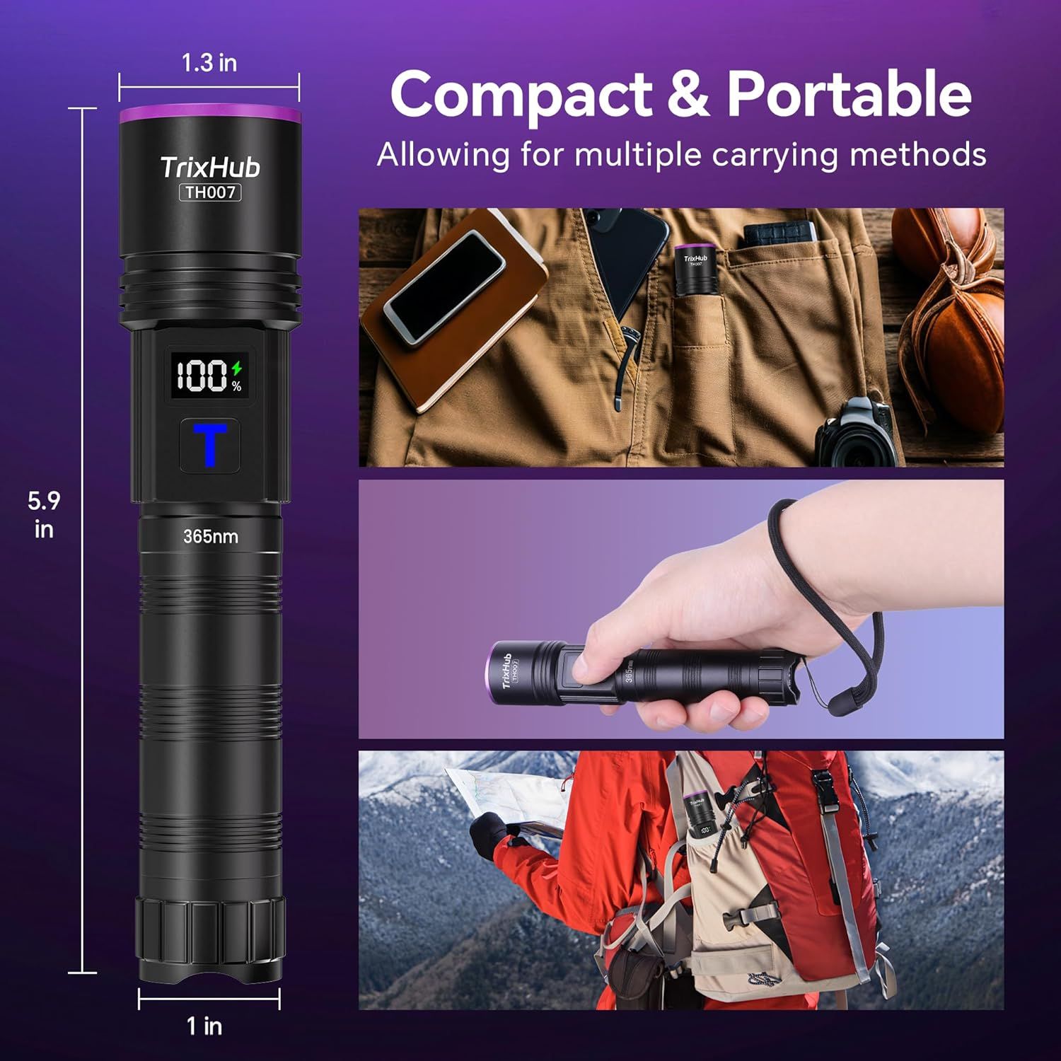 Communicates the product's small physical size (5.9 x 1.3 x 1 inches) to reassure shoppers it's portable and easy to carry in multiple ways. Demonstrates the product can be carried in a pocket, held…