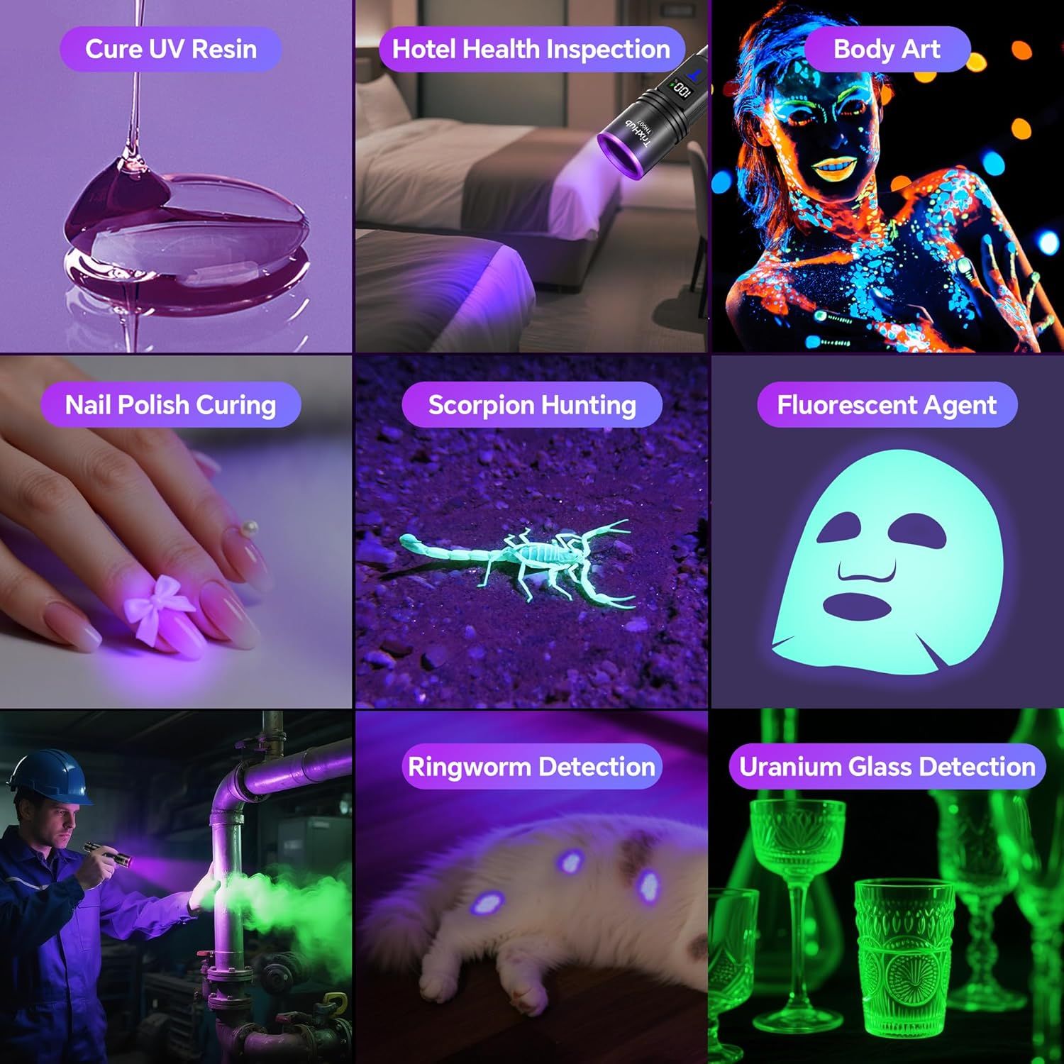 Demonstrates the wide range of practical applications for a UV light product across professional, personal, and recreational scenarios to showcase its versatility and value.