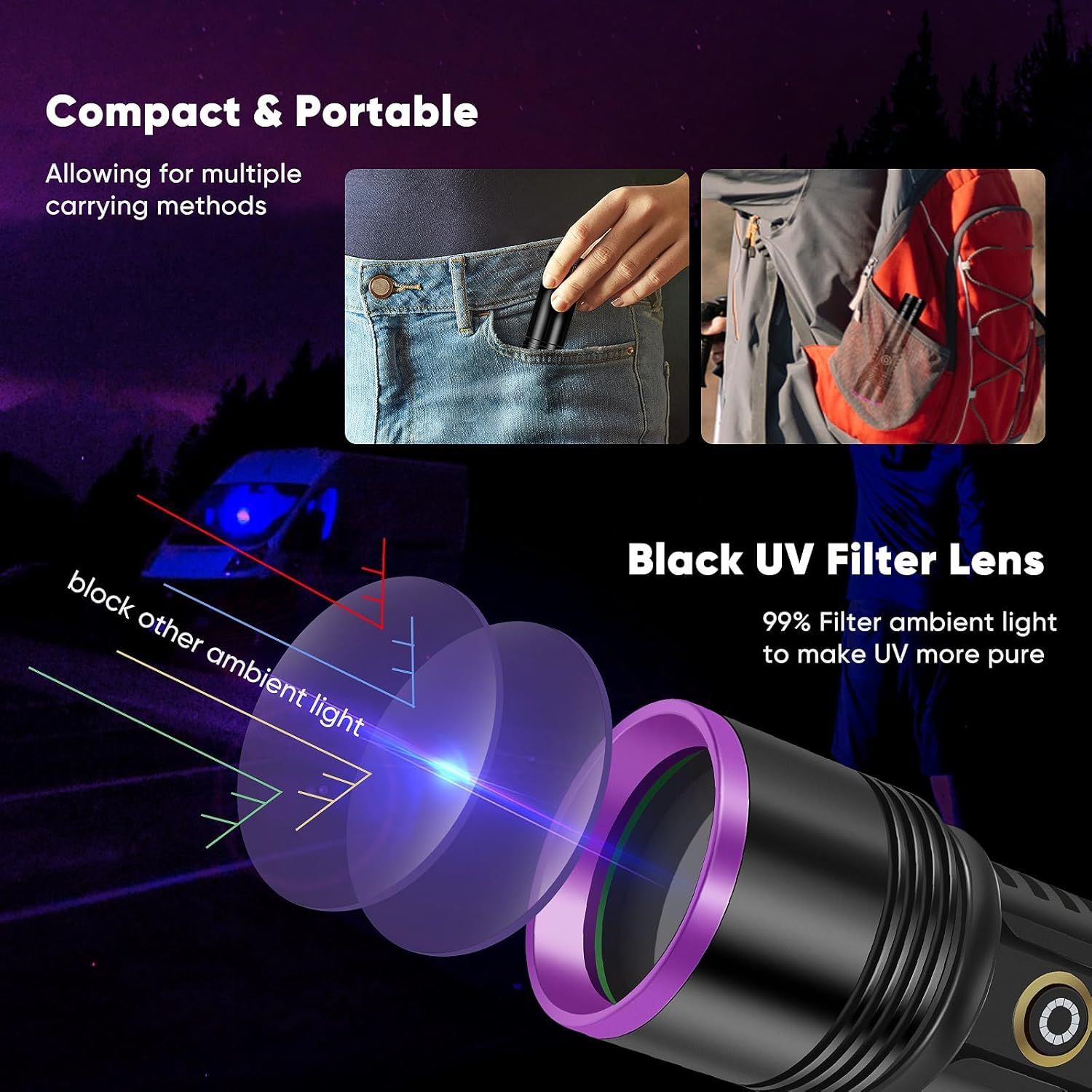 Communicates two distinct product benefits: portability with multiple carrying methods and UV filtering technology that blocks ambient light for purer UV output.