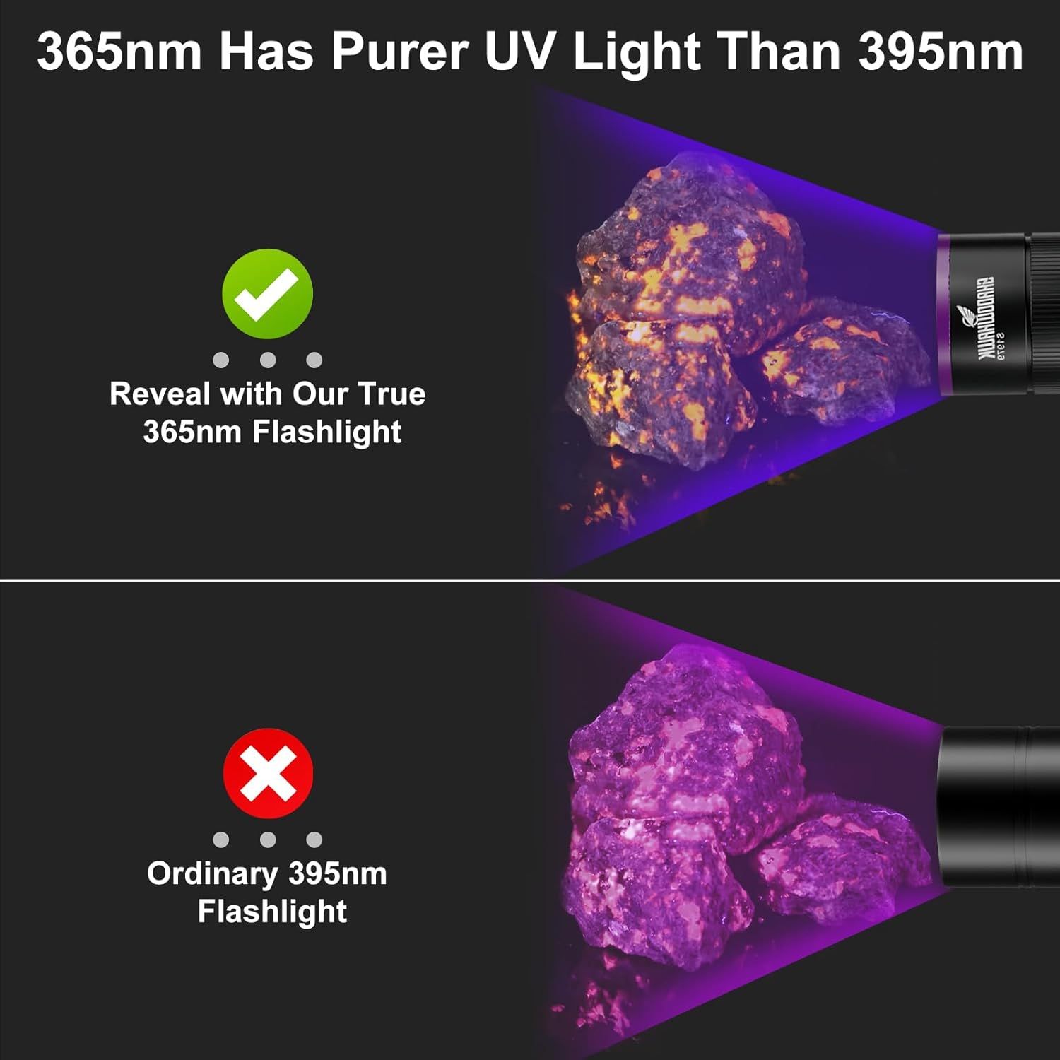 Demonstrates the superior UV light quality of the 365nm flashlight compared to ordinary 395nm flashlights by showing clearer, more vibrant fluorescence detection on minerals.