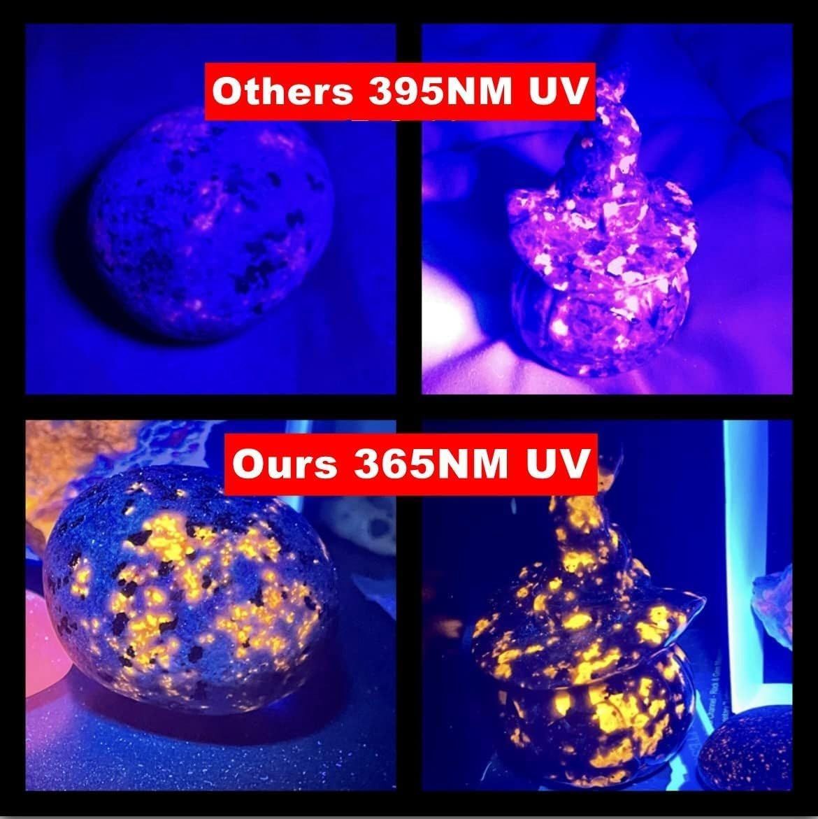 Demonstrates that this product's 365NM UV light reveals more fluorescent details and provides superior performance compared to competitors' 395NM UV lights.
