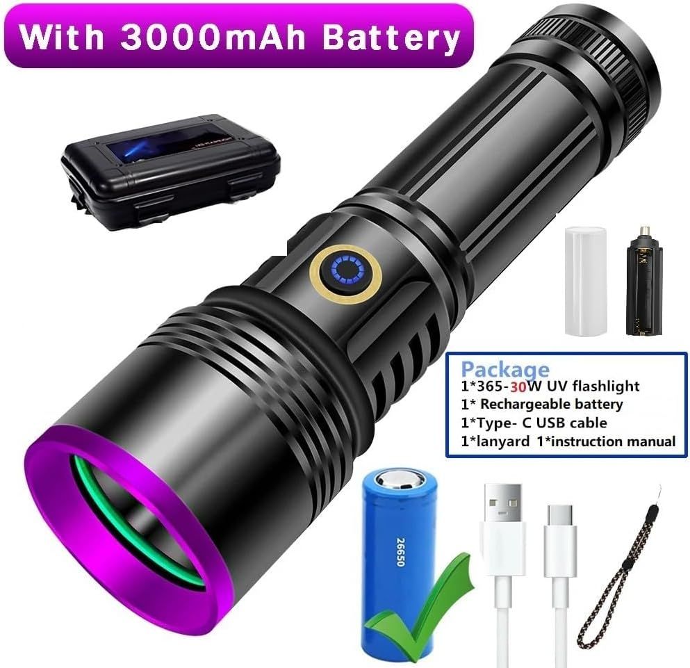 Shows everything included in the package: the UV flashlight, rechargeable battery, Type-C USB cable, lanyard, instruction manual, and carrying case to reassure shoppers they're getting a complete…