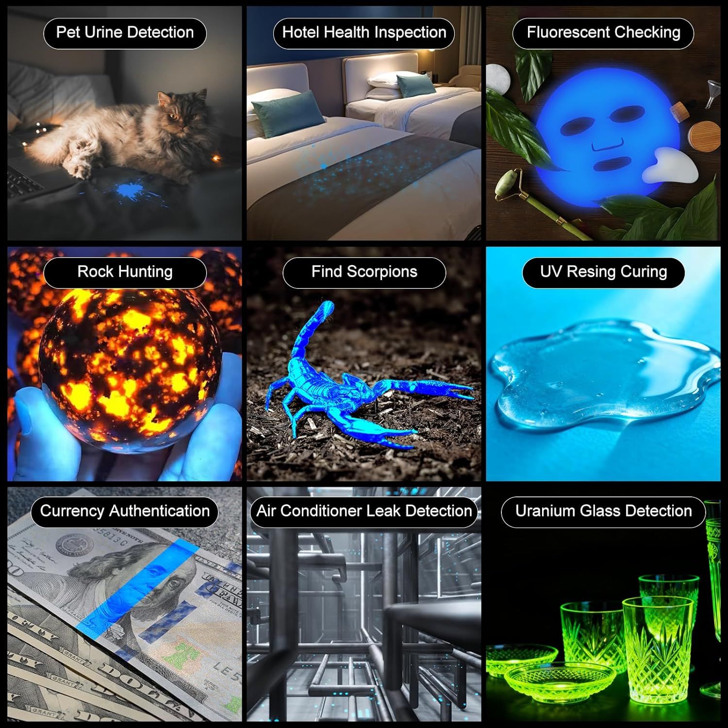 Demonstrates the versatility of the UV flashlight product by showcasing nine distinct real-world applications across home, travel, hobby, and professional contexts to help shoppers understand the…