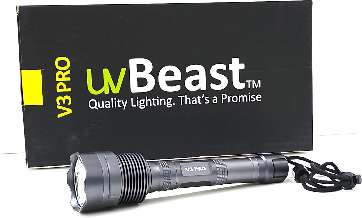Establishes brand recognition and trust by prominently displaying the uvBeast V3 PRO brand name, logo, and tagline 'Quality Lighting. That's a Promise' alongside the product and its packaging.