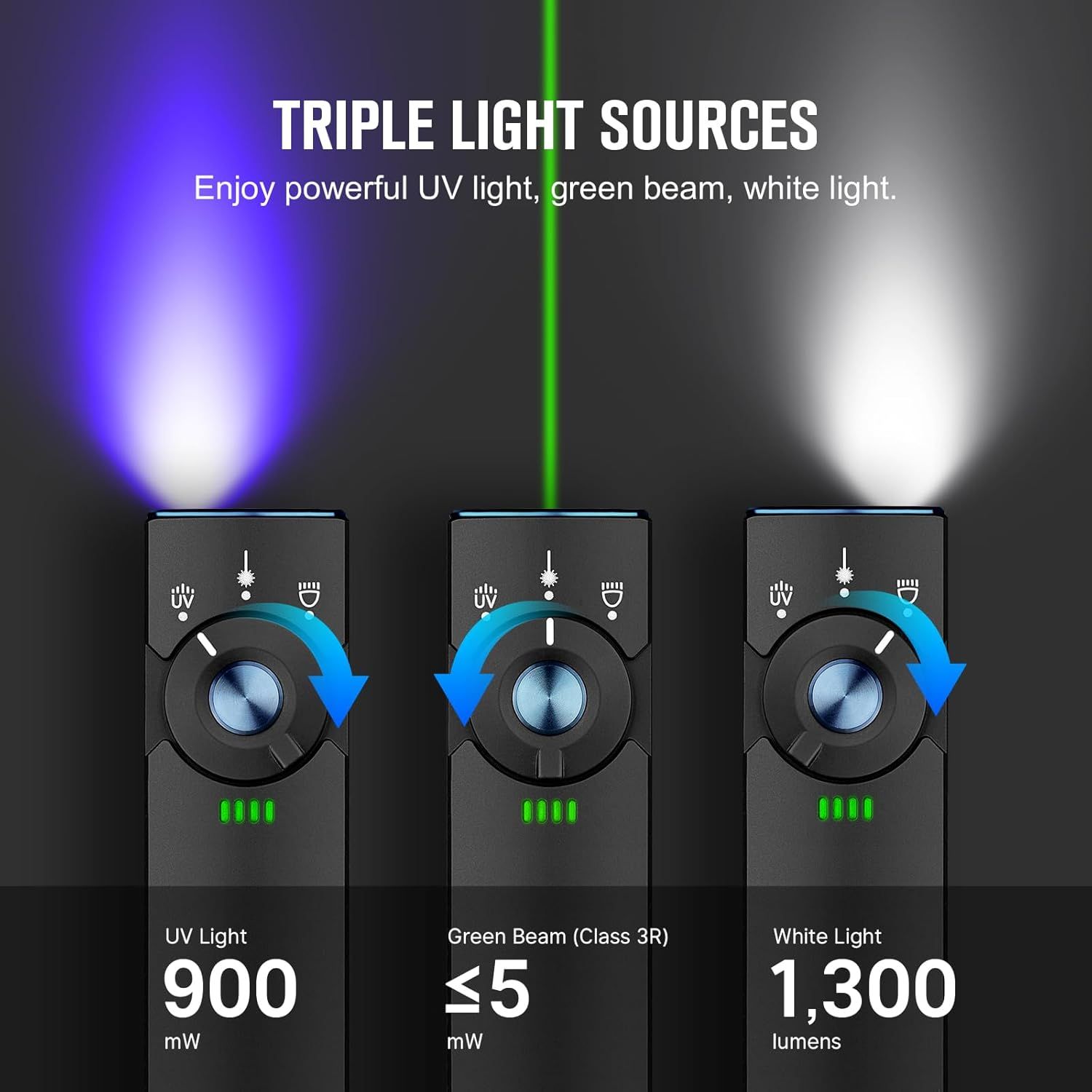 Communicates the quantifiable performance specifications of three different light modes (UV, green beam, white light) to help shoppers understand the product's versatile lighting capabilities and…