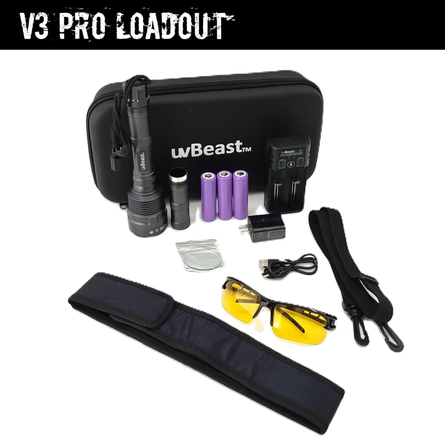 Shows all items included with the purchase to help shoppers understand the complete value of the bundle, including the flashlight, batteries, charger, case, protective glasses, straps, and…