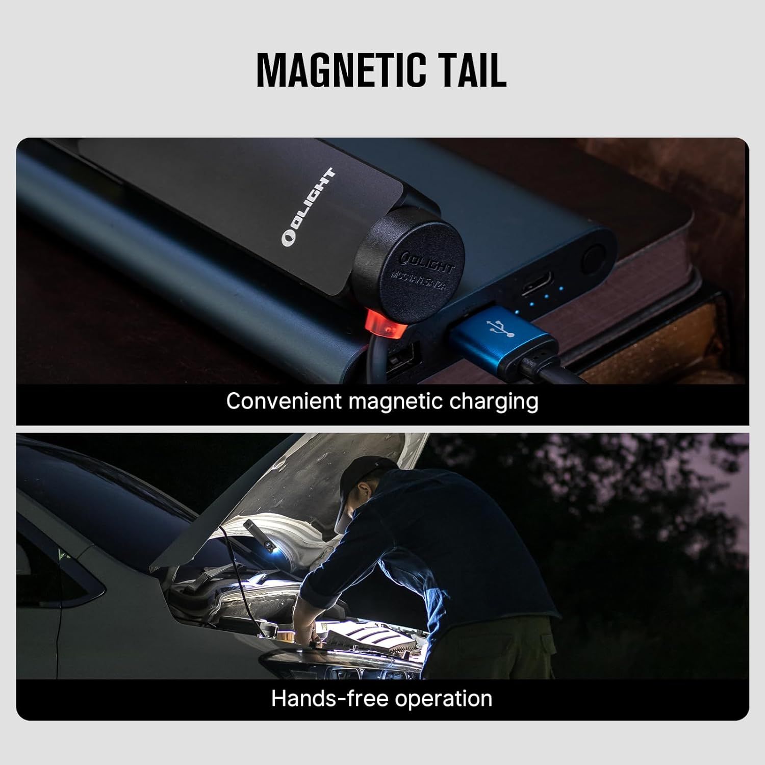 Highlights the magnetic tail feature that enables convenient magnetic charging and hands-free operation, demonstrating the product's ease of use in real-world scenarios.