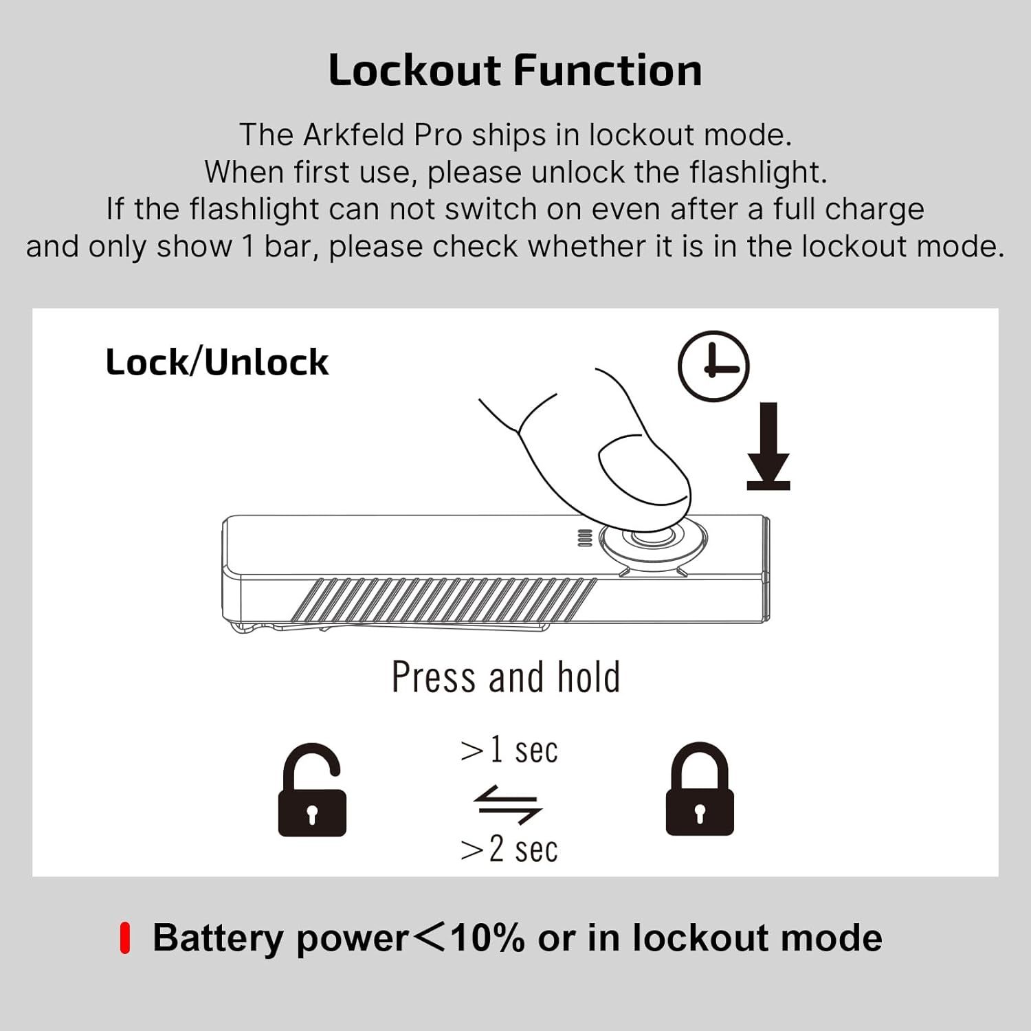 Explains how to lock and unlock the flashlight's lockout mode by pressing and holding the button for specific durations, helping users troubleshoot and operate the safety feature.