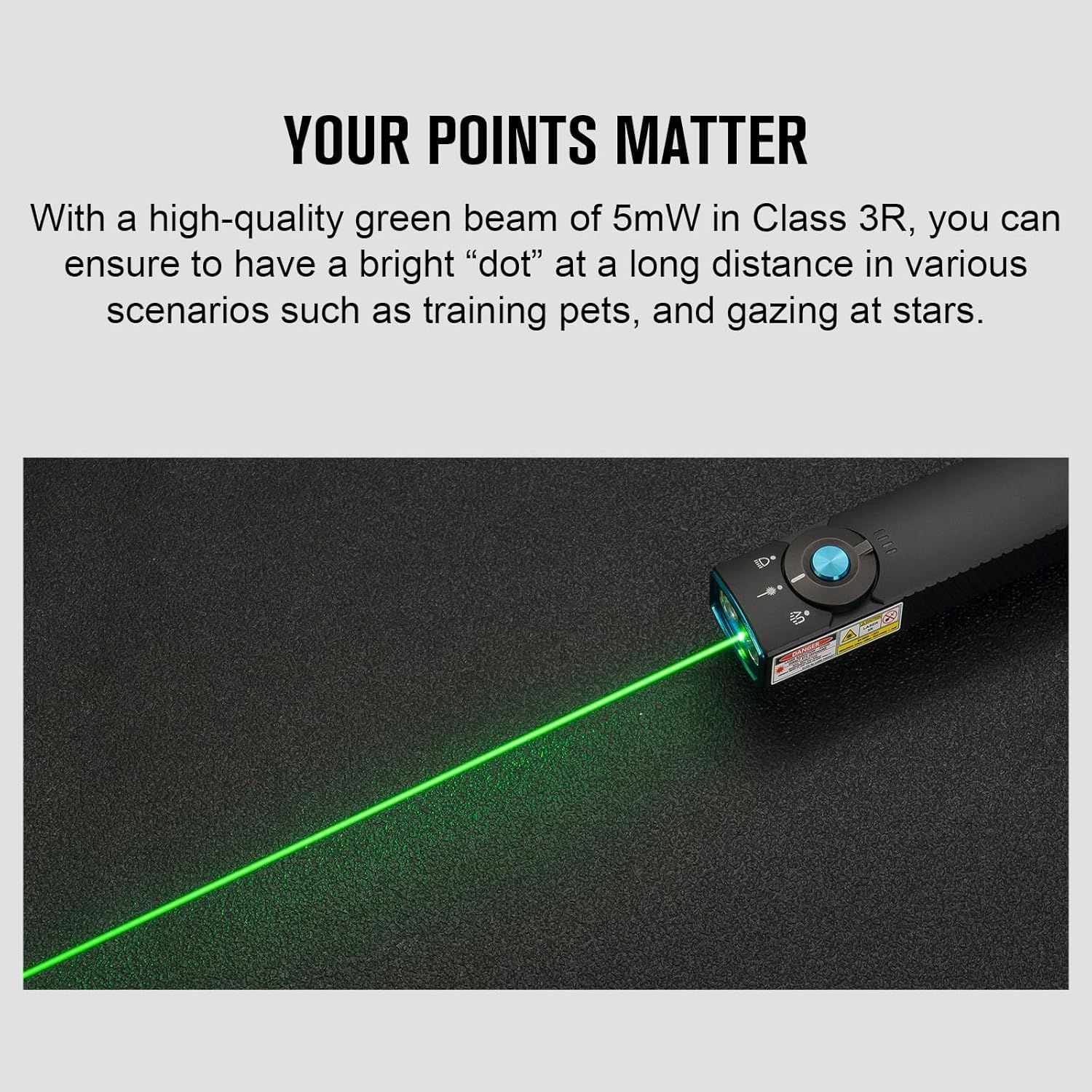Communicates the laser pointer's high-quality performance specifications (5mW, Class 3R) to reassure shoppers of its brightness and long-distance visibility for various applications like pet…