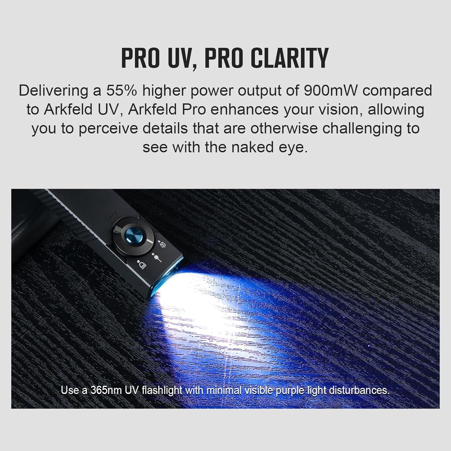 Communicates the superior UV power output compared to competitors, emphasizing enhanced vision and detail perception for shoppers seeking high-performance UV flashlights. Highlights the product's…