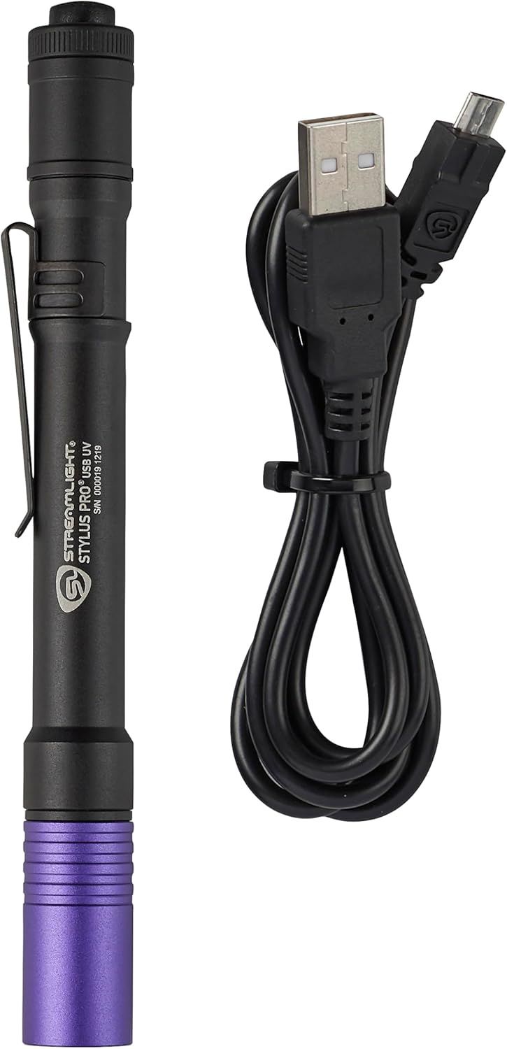 Shows the customer everything included in the package: the flashlight and its USB charging cable, reassuring them they have what they need to use and recharge the product.