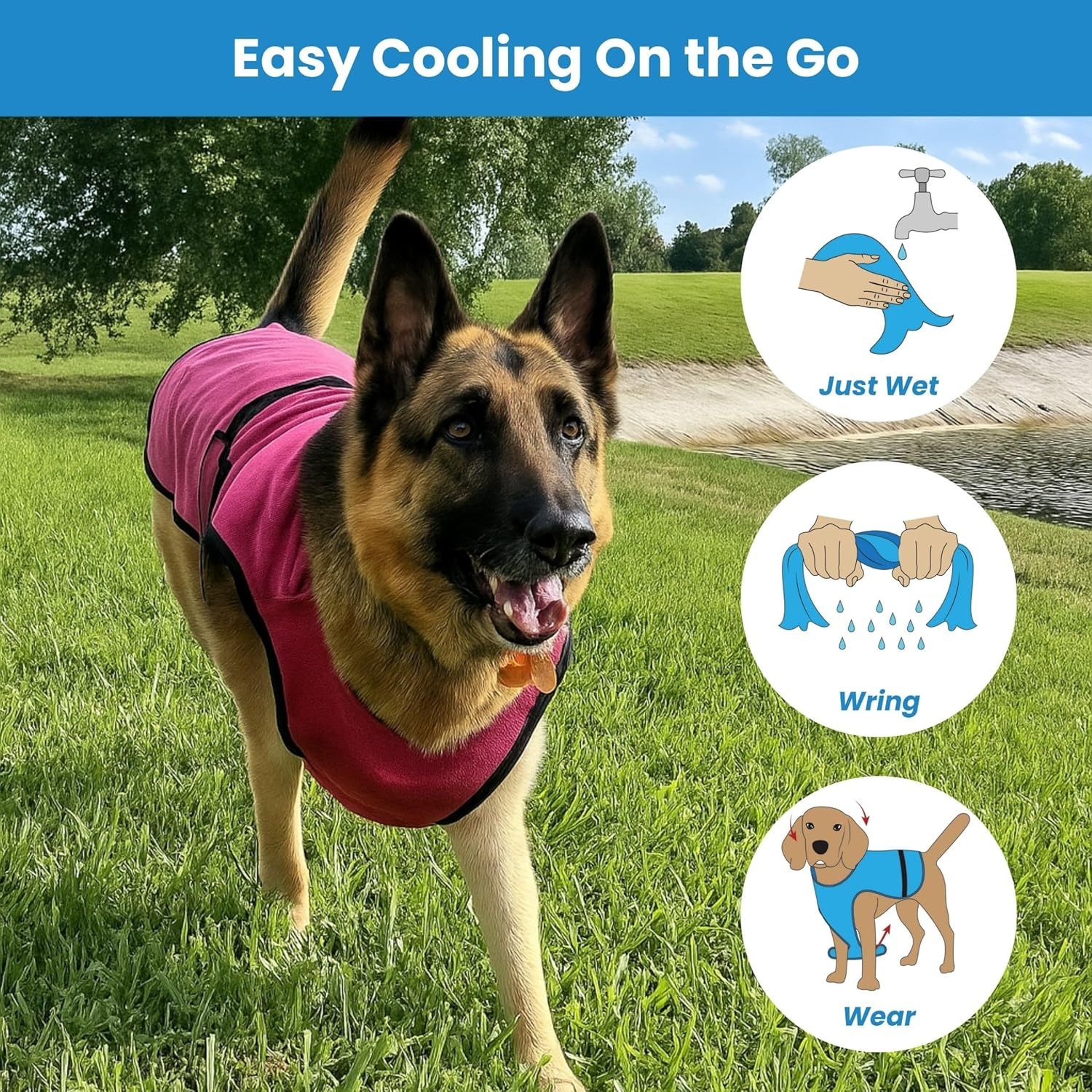 Demonstrates the simple three-step process for using the cooling vest: wet it, wring it, and wear it, making it easy for customers to understand how to activate the cooling feature. Highlights the…