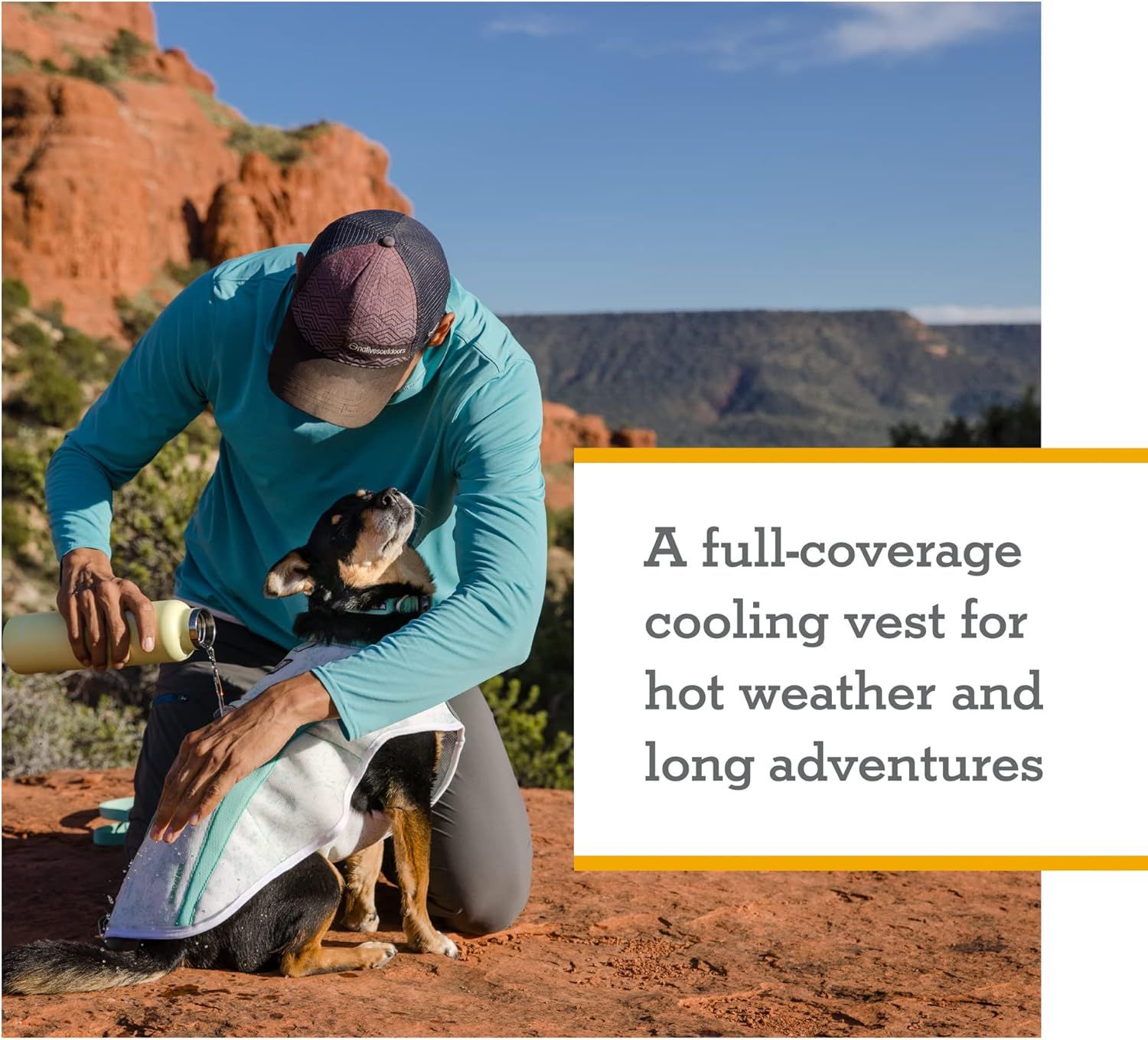 Communicates that the vest provides full-coverage cooling for dogs during hot weather and long outdoor adventures.