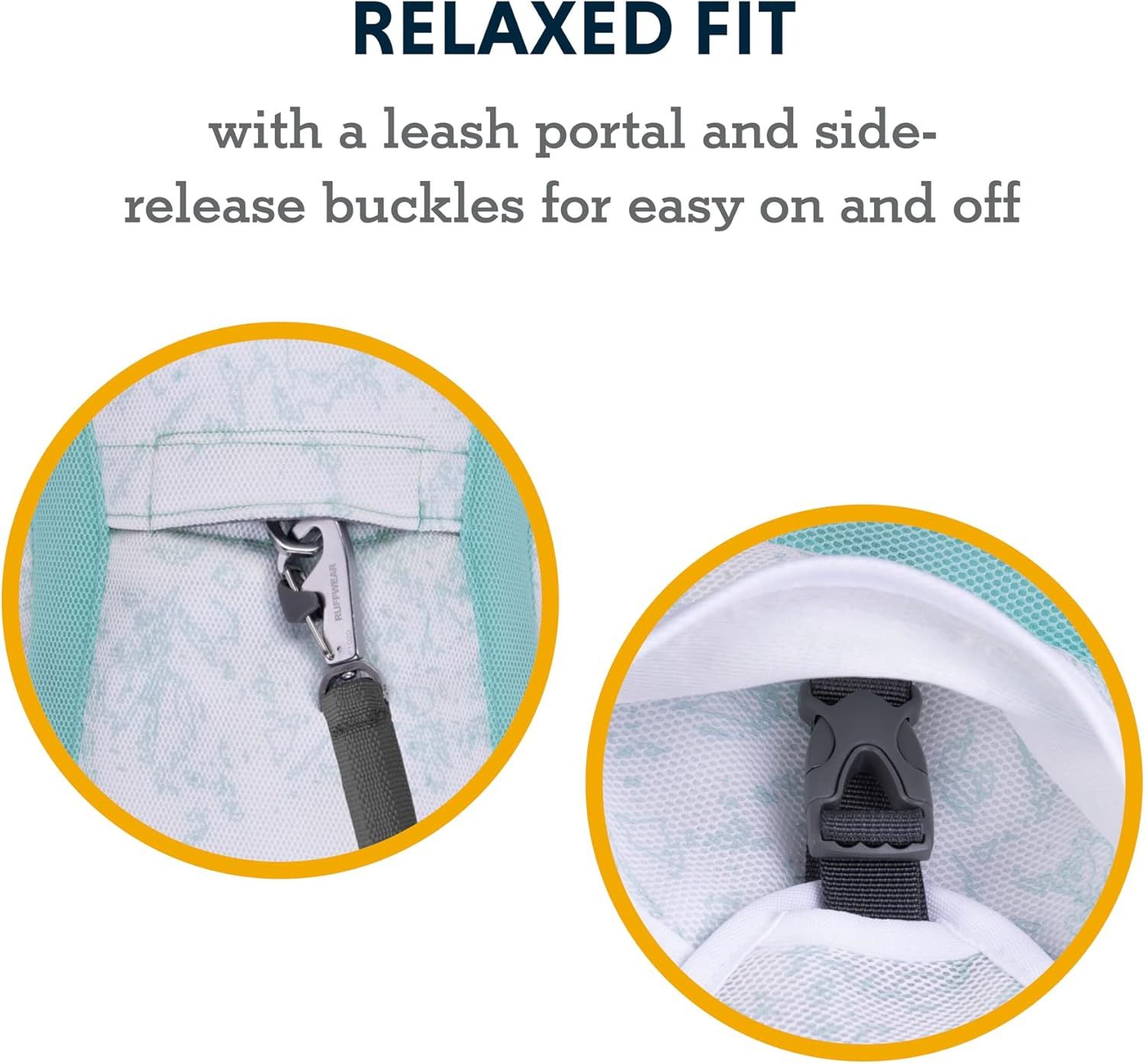 Highlights the physical design features of the vest, including the leash portal and buckles, to show ease of use and fit. Communicates the benefit of a relaxed fit with convenient features for easy…